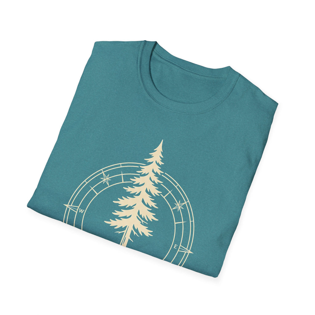 Teal t-shirt with compass-and-pine-tree graphic print on the front