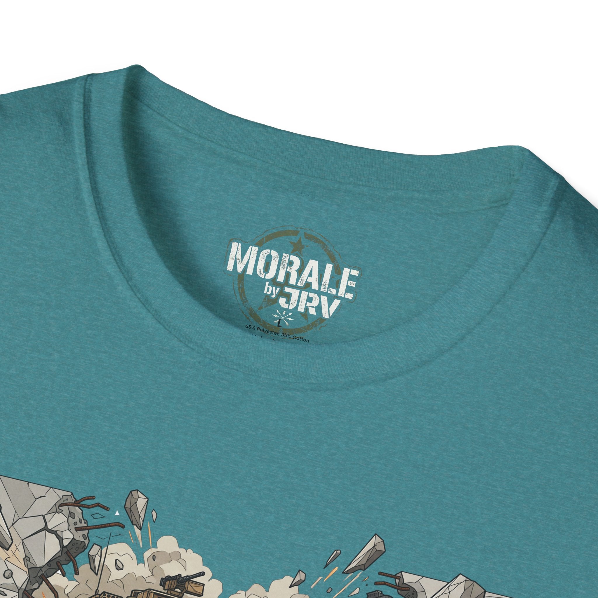Teal crewneck with “MORALE by TRV” neck print and partial graphic
