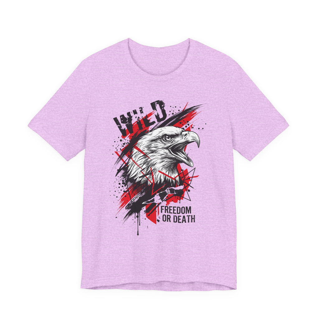 Lavender t-shirt with distressed eagle head graphic and red "Freedom or Death" text