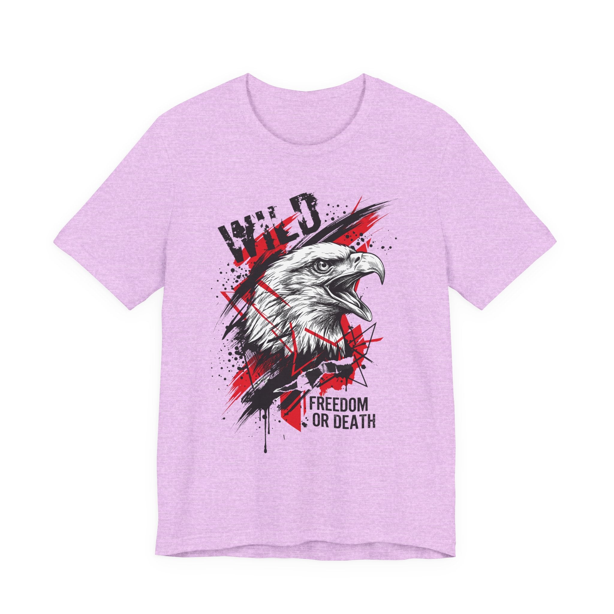 Lavender t-shirt with distressed eagle head graphic and red "Freedom or Death" text