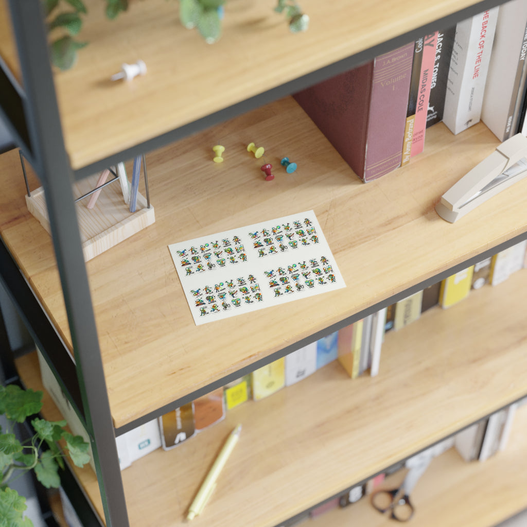 Small character sticker sheet placed on a shelf surface