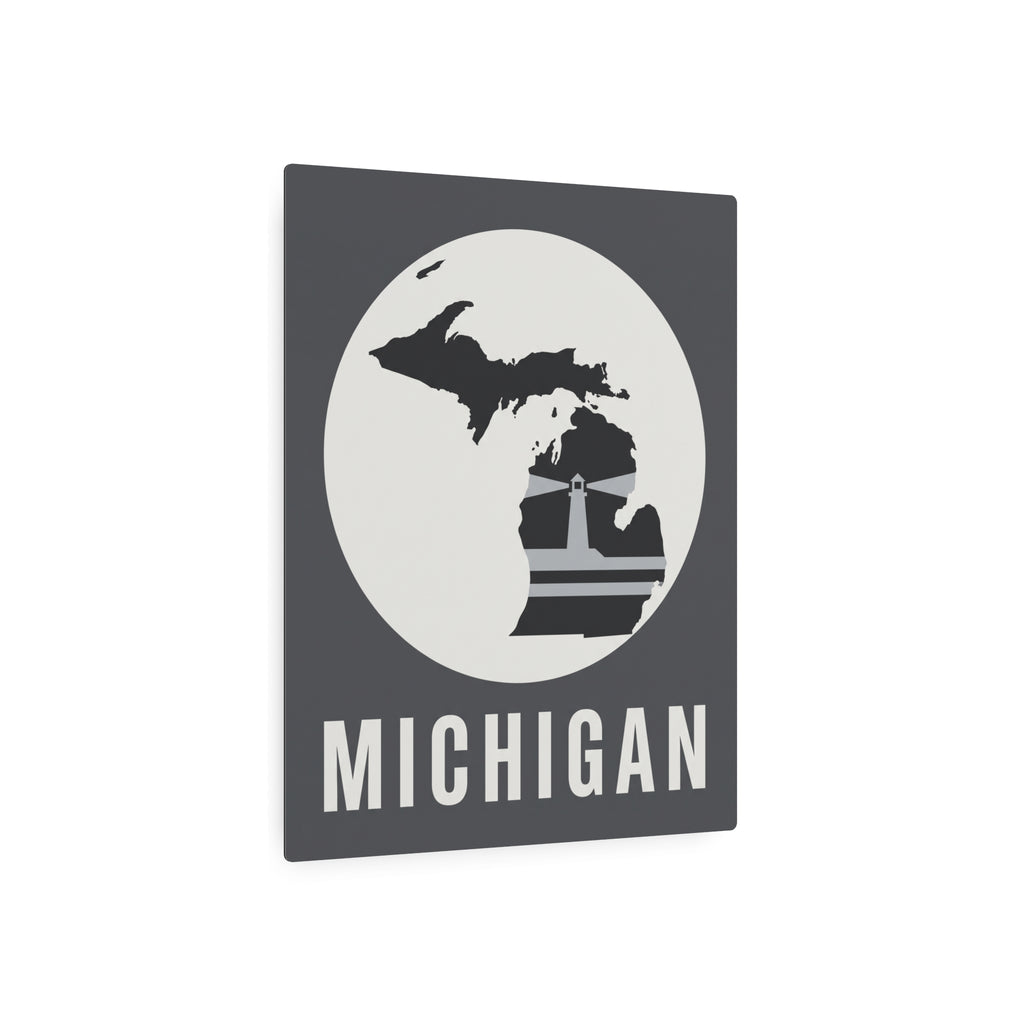 Square dark gray metal wall sign with Michigan circle map, lighthouse graphic, and MICHIGAN text