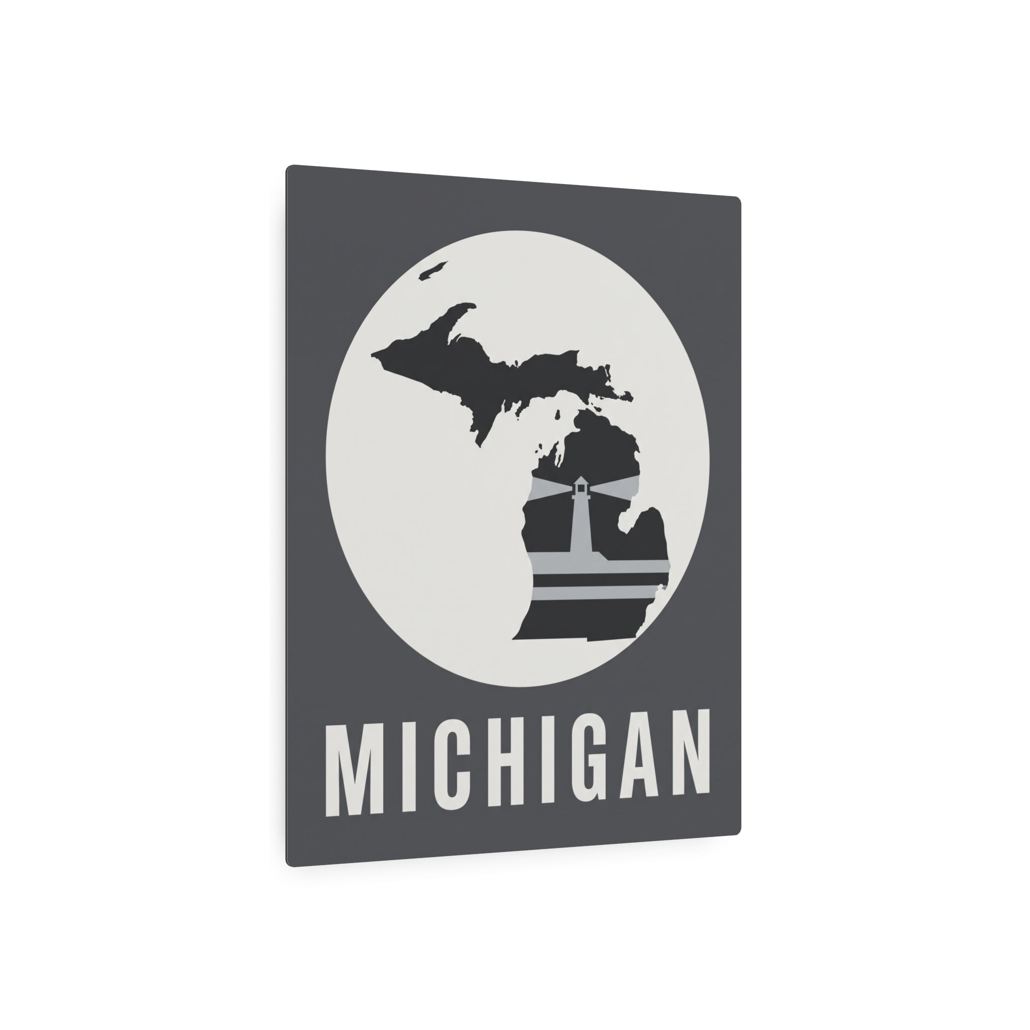 Square dark gray metal wall sign with Michigan circle map, lighthouse graphic, and MICHIGAN text
