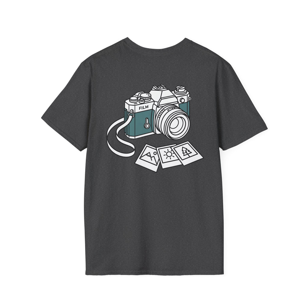 Dark heather T-shirt with vintage film camera graphic and photo prints on front