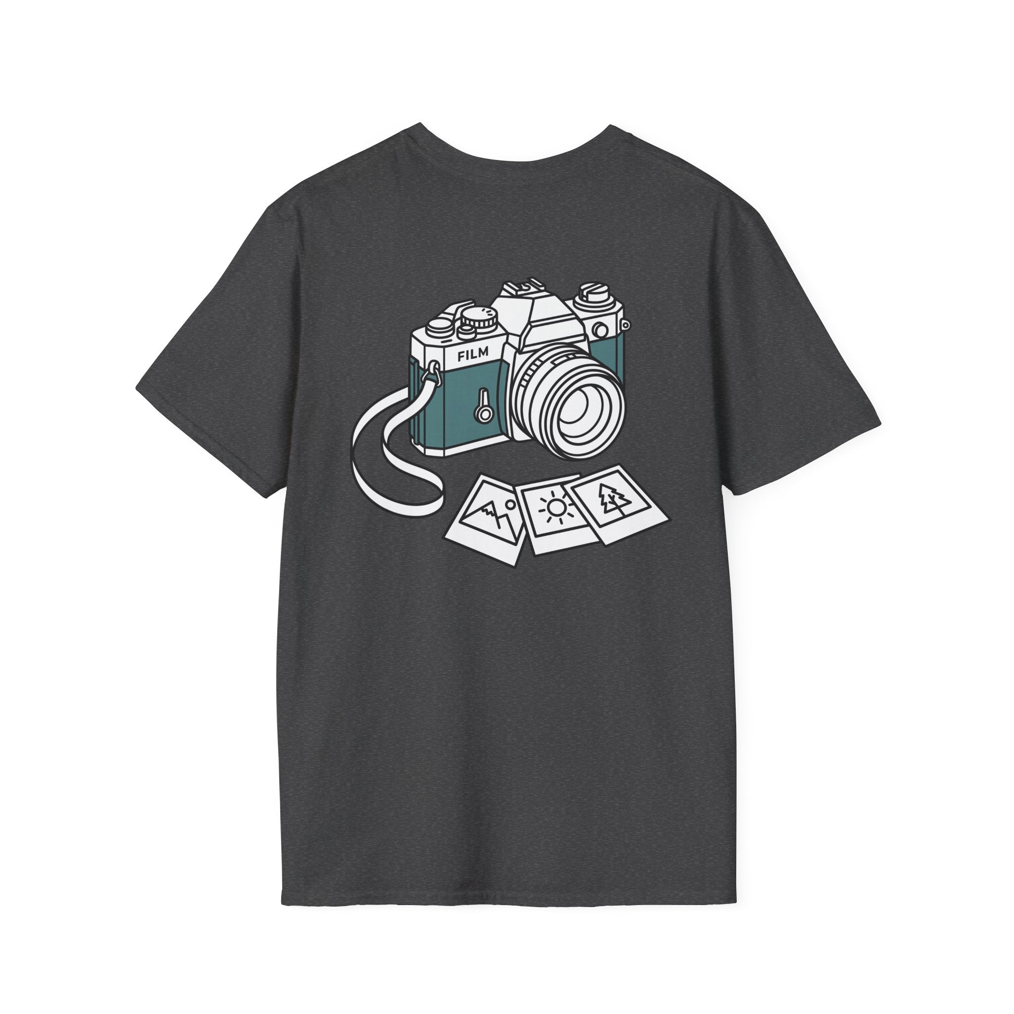 Dark heather T-shirt with vintage film camera graphic and photo prints on front