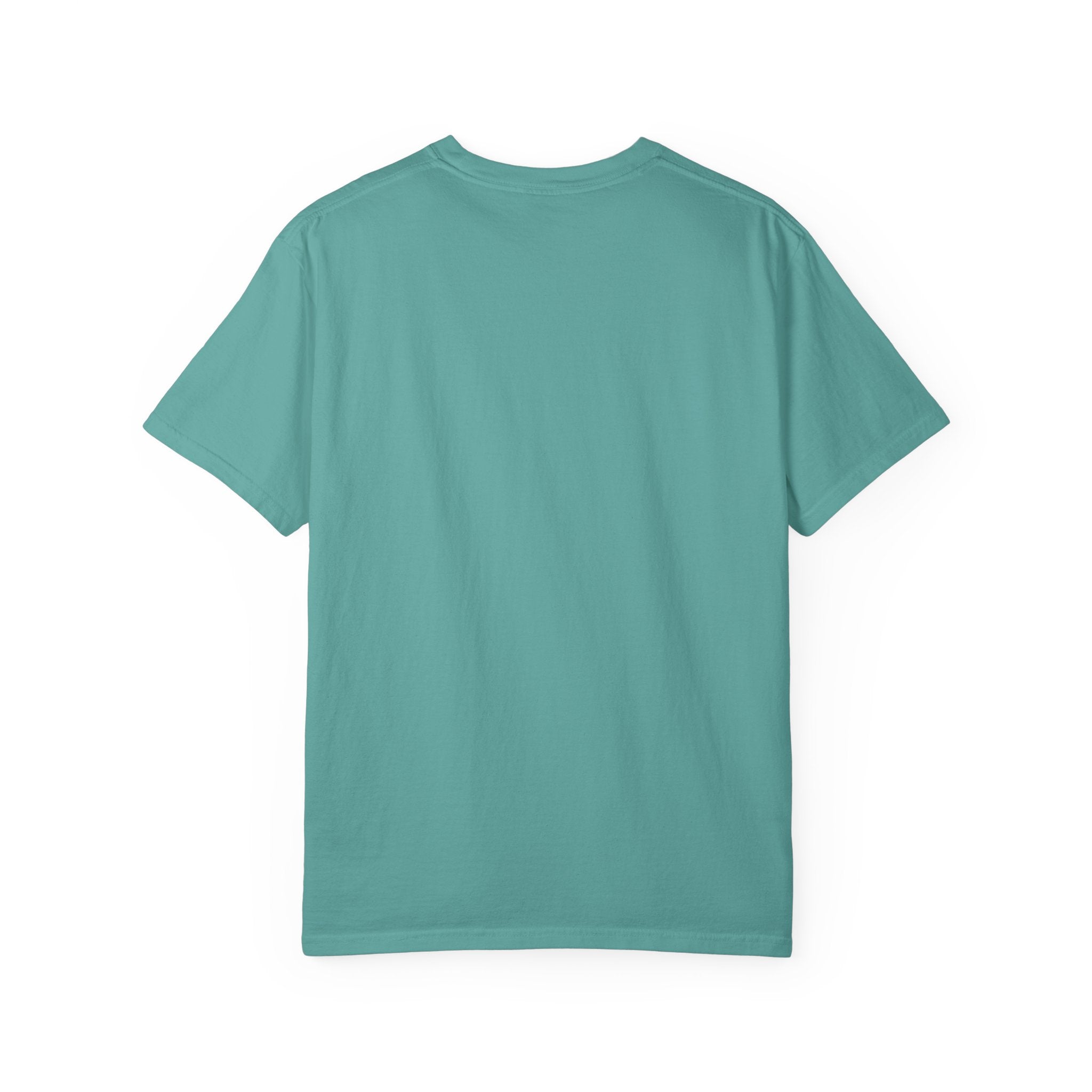Plain teal crew-neck T-shirt, short sleeves.