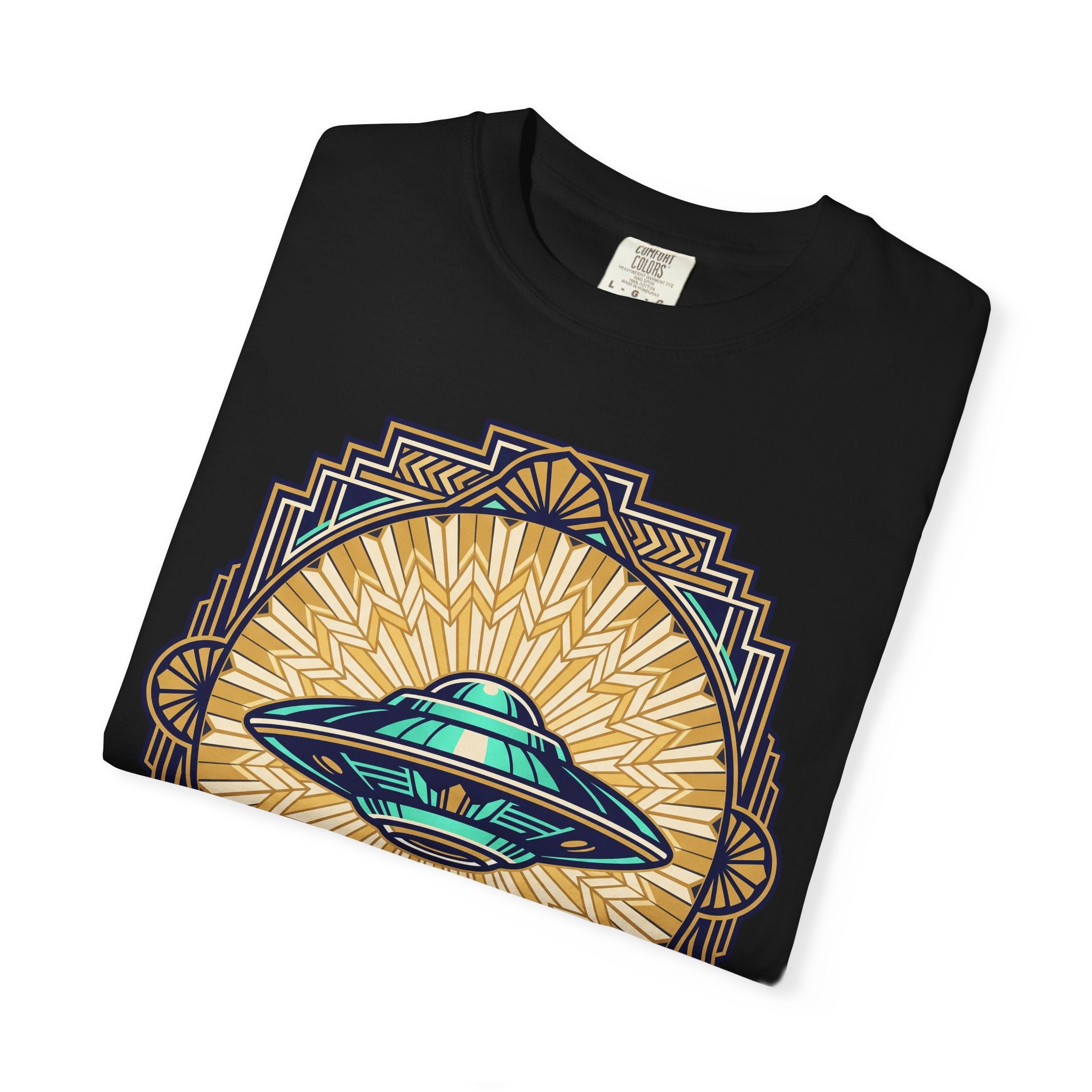 Black T-shirt with retro UFO graphic inside sunburst emblem