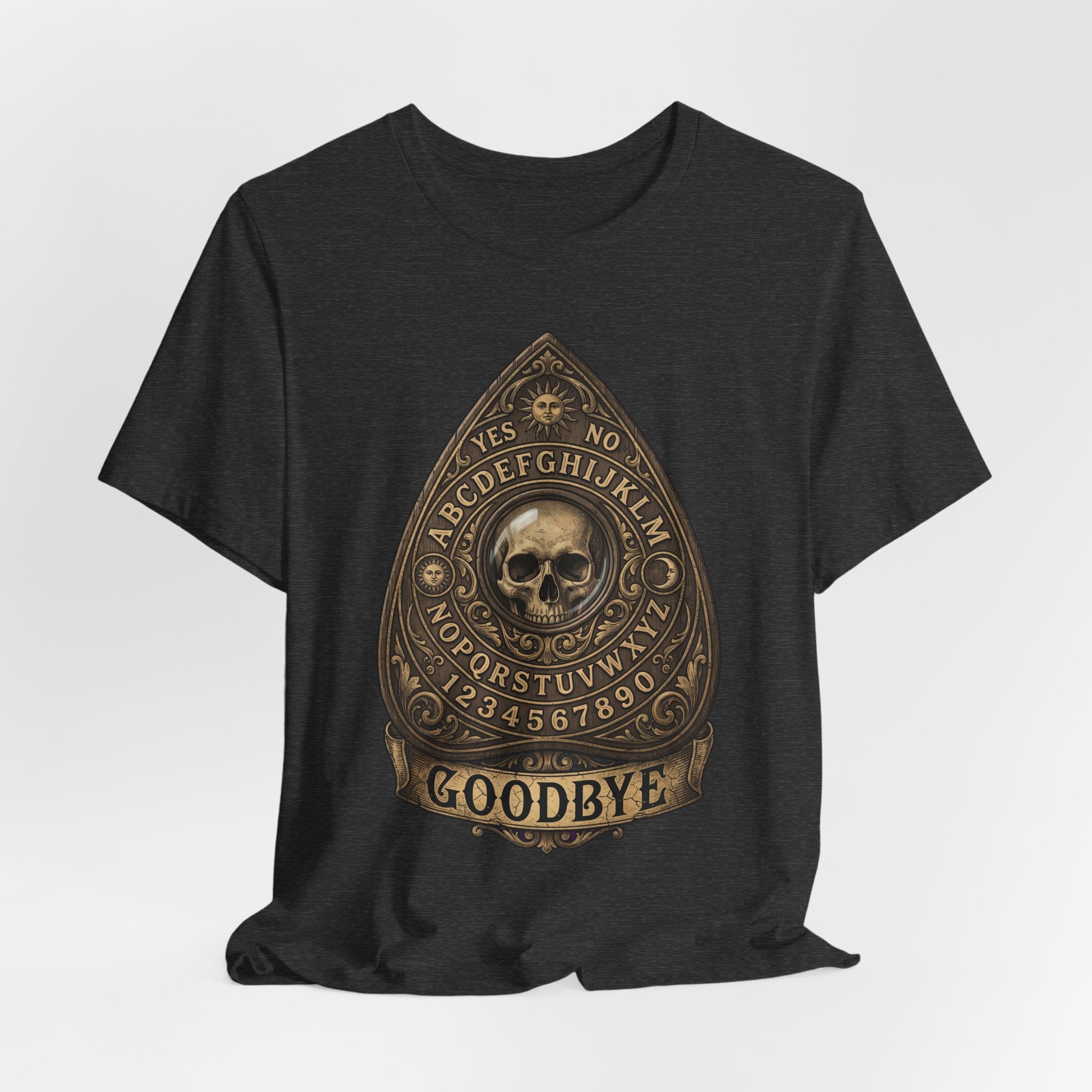 Skull Planchette T-Shirt, dunkelgrau meliert, Ouija-Emblem mit „GOODBYE“
