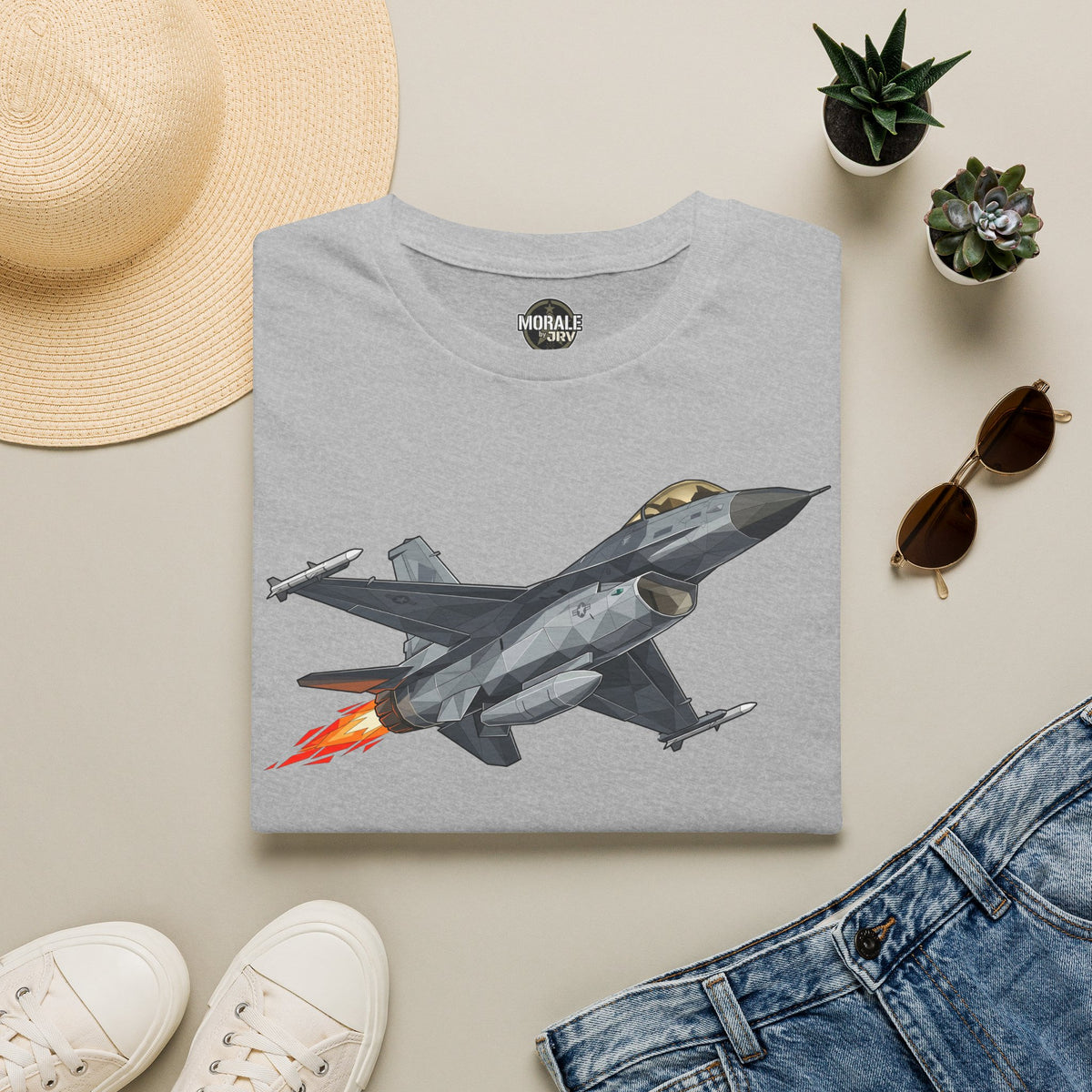 Light gray crewneck T-shirt with F-16 fighter jet graphic and red flame detail