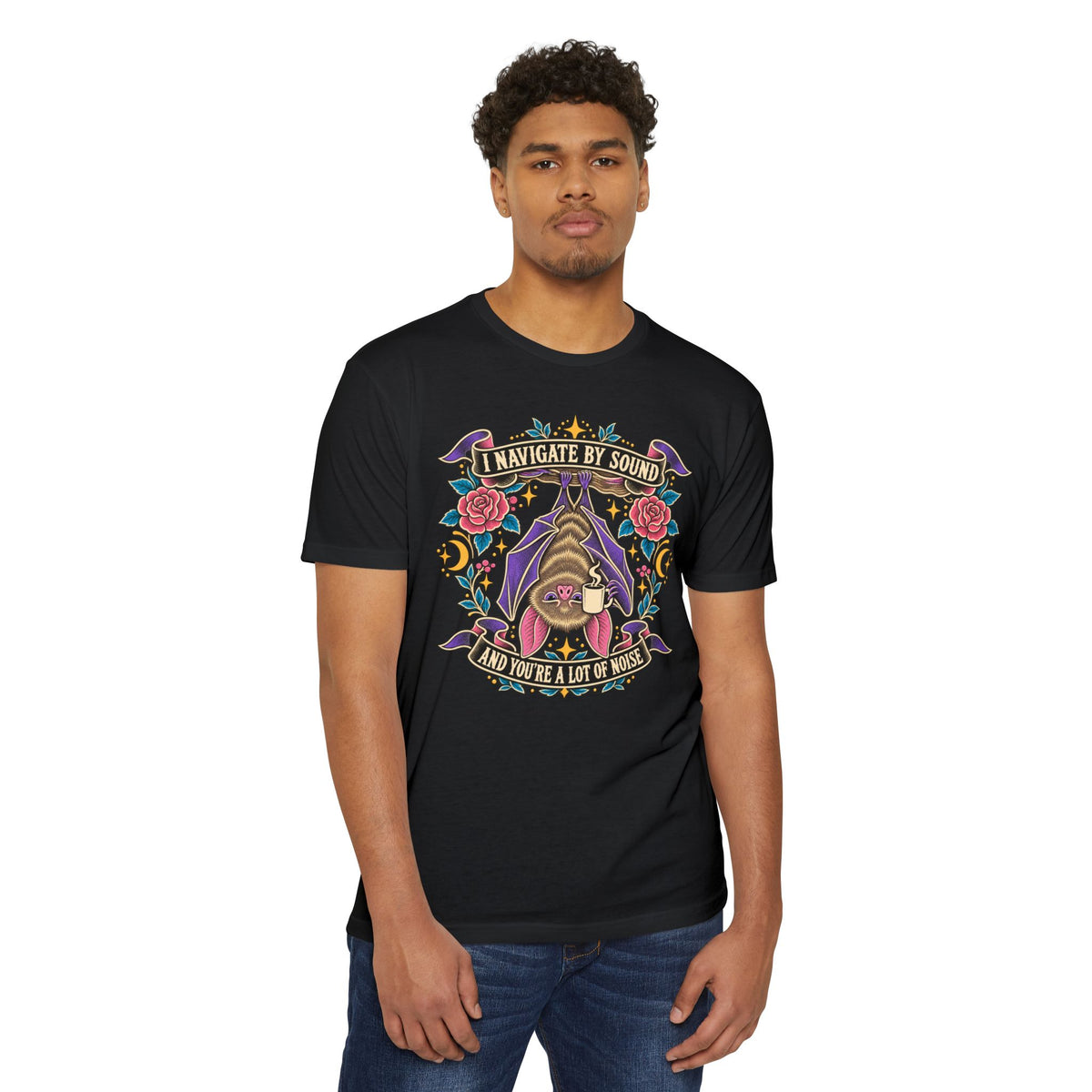 Black crew-neck T-shirt with colorful gothic sound-navigation graphic on the chest