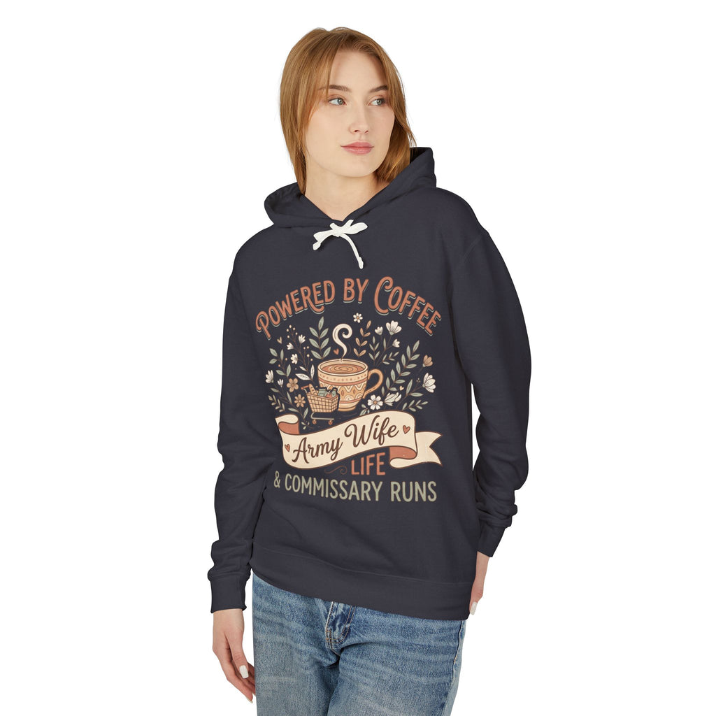 Black pullover hoodie with hood and coffee-themed chest graphic, front view
