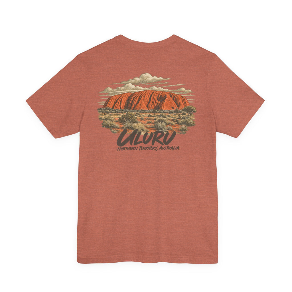 Rust crewneck T-shirt with large Uluru landscape graphic on front