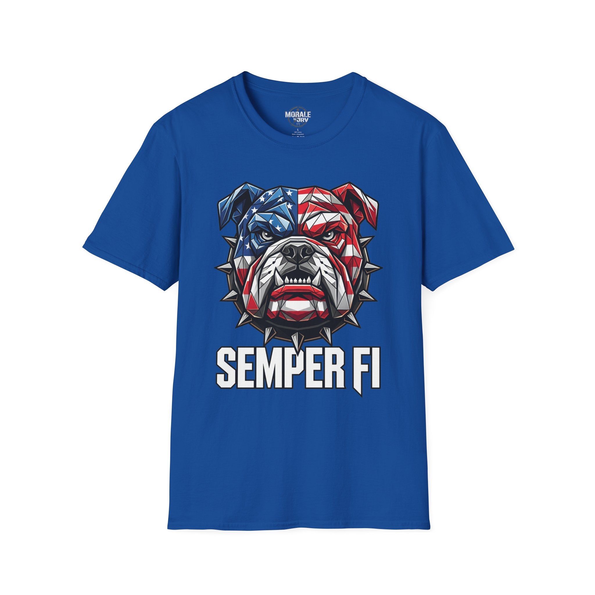 Royal blue Semper Fi bulldog T-shirt with American flag style dog head art