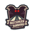 Kiss-cut sticker with Mothman in a night road illustration and red eye highlights