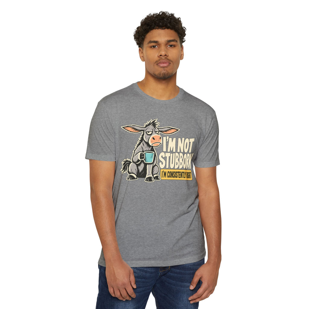 Heather gray crewneck T-shirt with colorful stubborn donkey graphic on the front