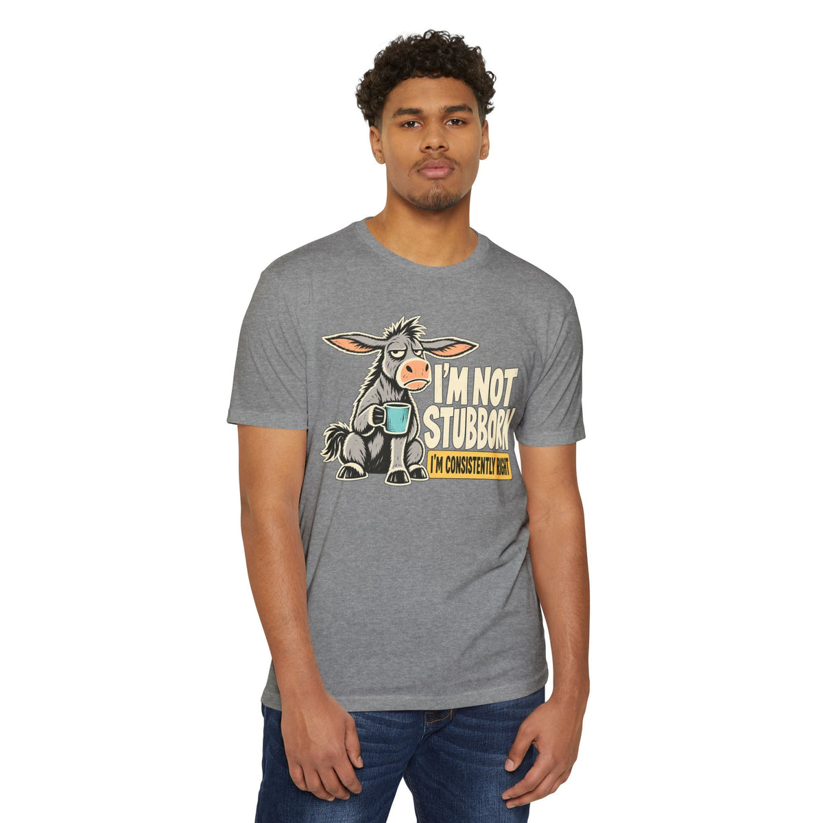 Heather gray crewneck T-shirt with colorful stubborn donkey graphic on the front