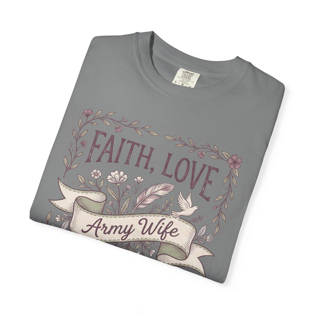 Gray crewneck T-shirt with floral 'Faith, Love' and 'Army Wife' front graphic