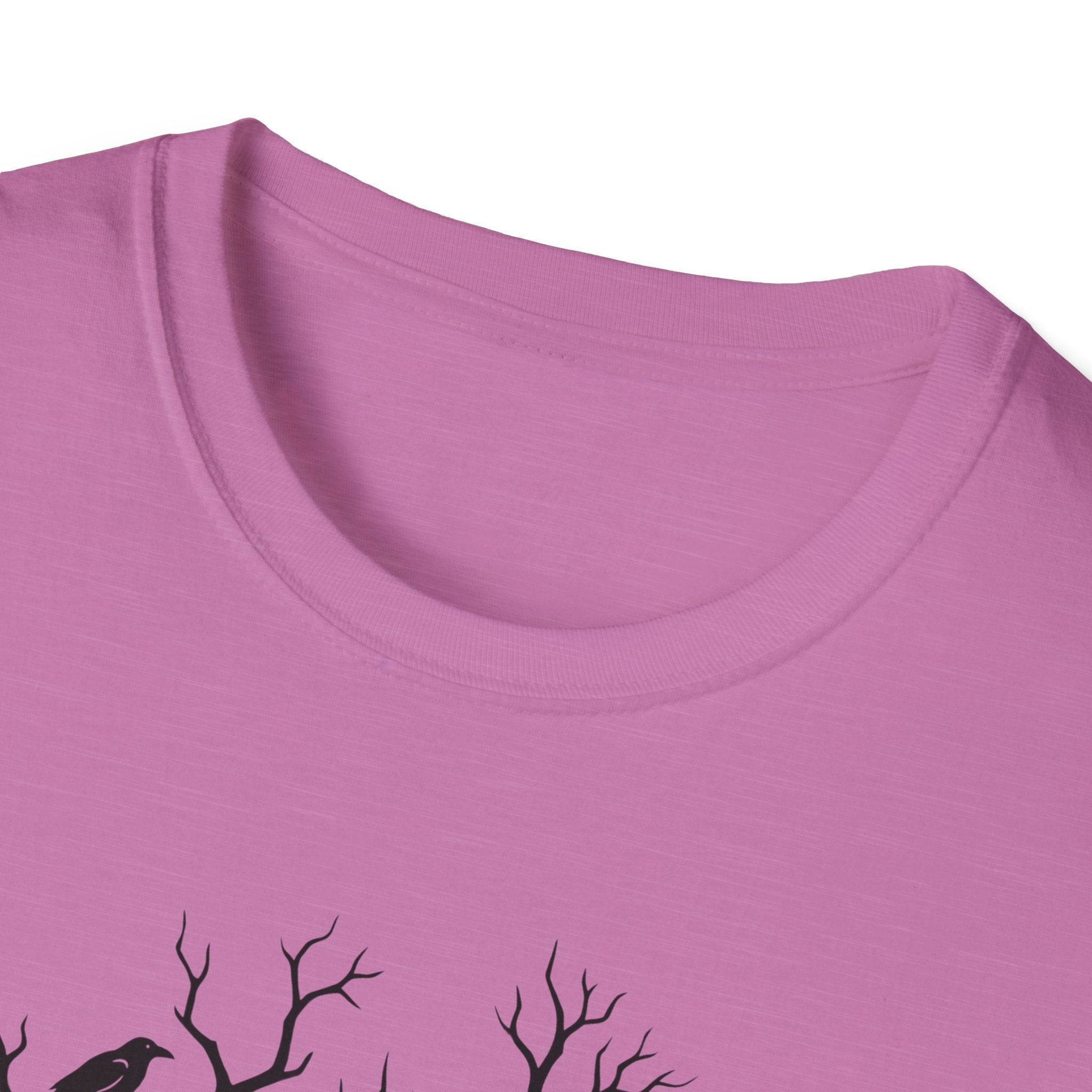 Orchid pink T-shirt crew neck with partial bare tree and crows print