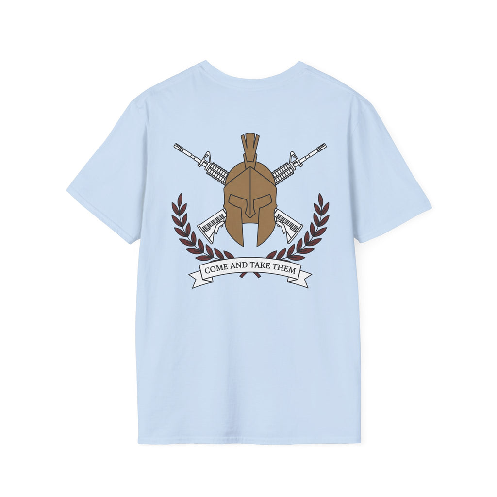 Graphic T-shirt in light blue with helmet-and-rifles back print and banner text.