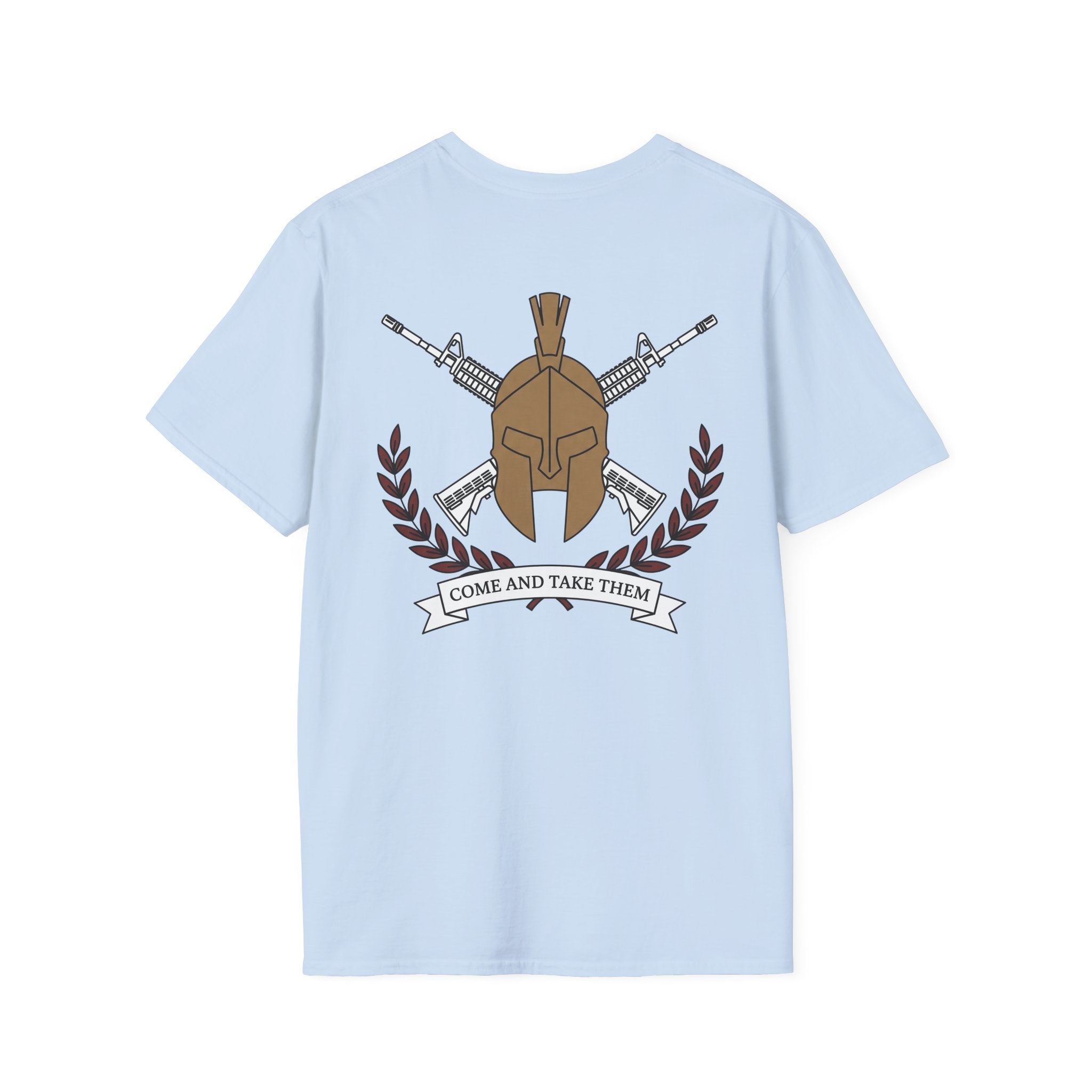Graphic T-shirt in light blue with helmet-and-rifles back print and banner text.