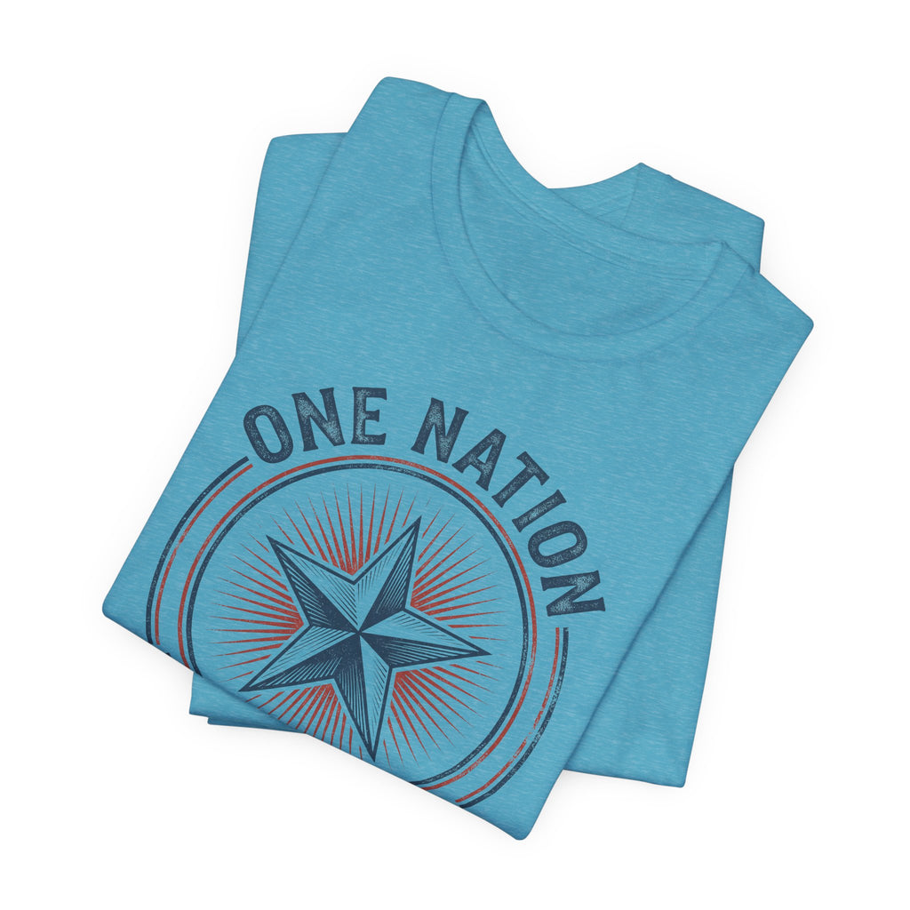 Heather blue T-shirt showing 'ONE NATION UNDER GOD' star emblem graphic