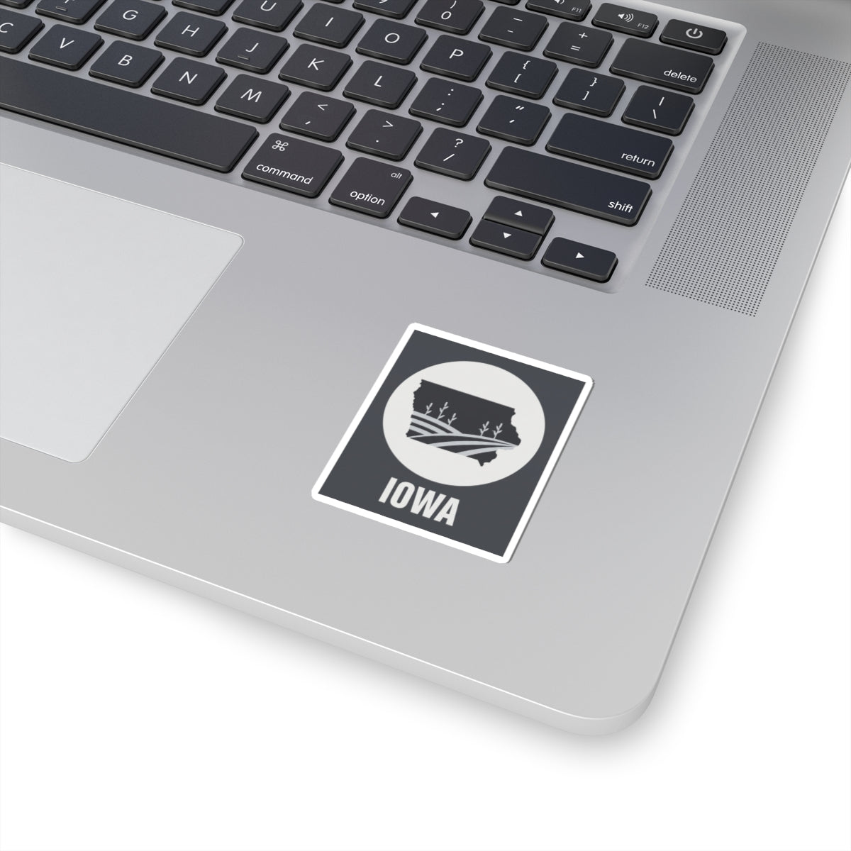 Square Iowa sticker with farmland and tree icon, black and white design