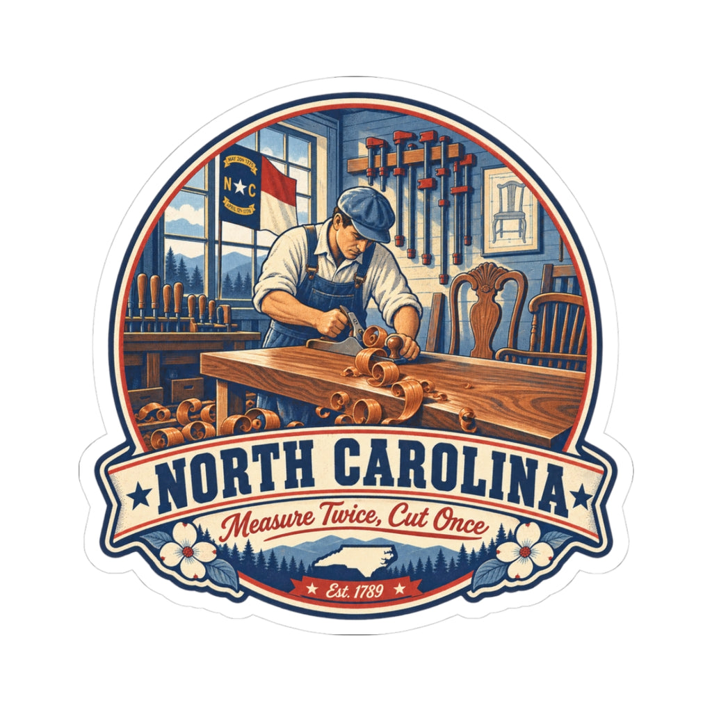 North Carolina woodworker state pride sticker, circular carpentry illustration and banner text