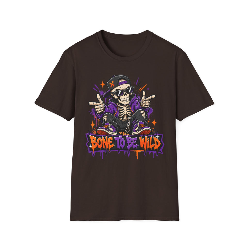 Dark chocolate crewneck short-sleeve T-shirt with DJ skeleton skull front graphic