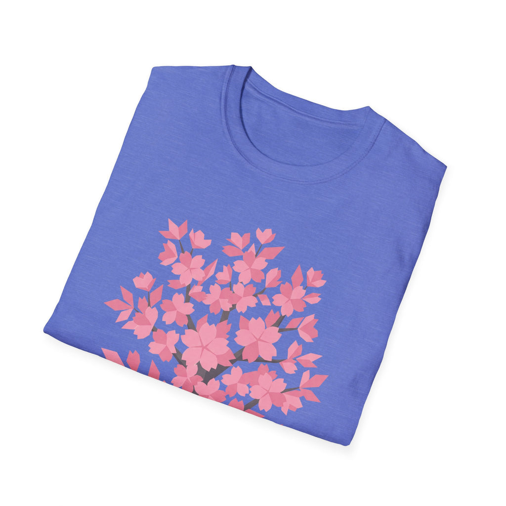 Light blue T-shirt with pink cherry blossom tree graphic across chest