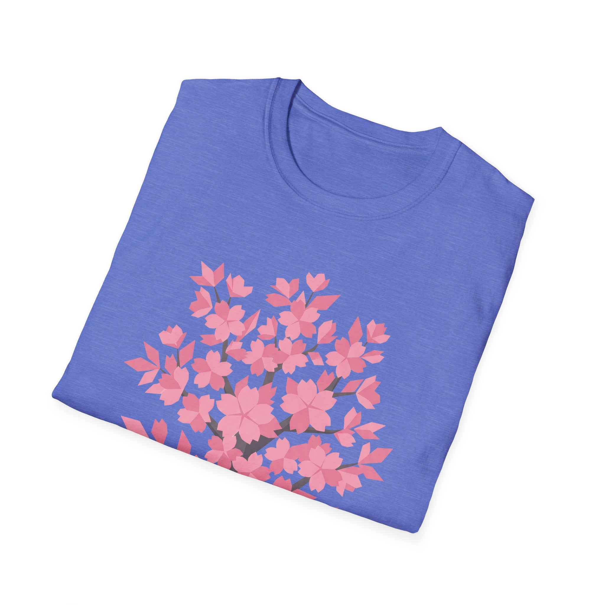 Light blue T-shirt with pink cherry blossom tree graphic across chest
