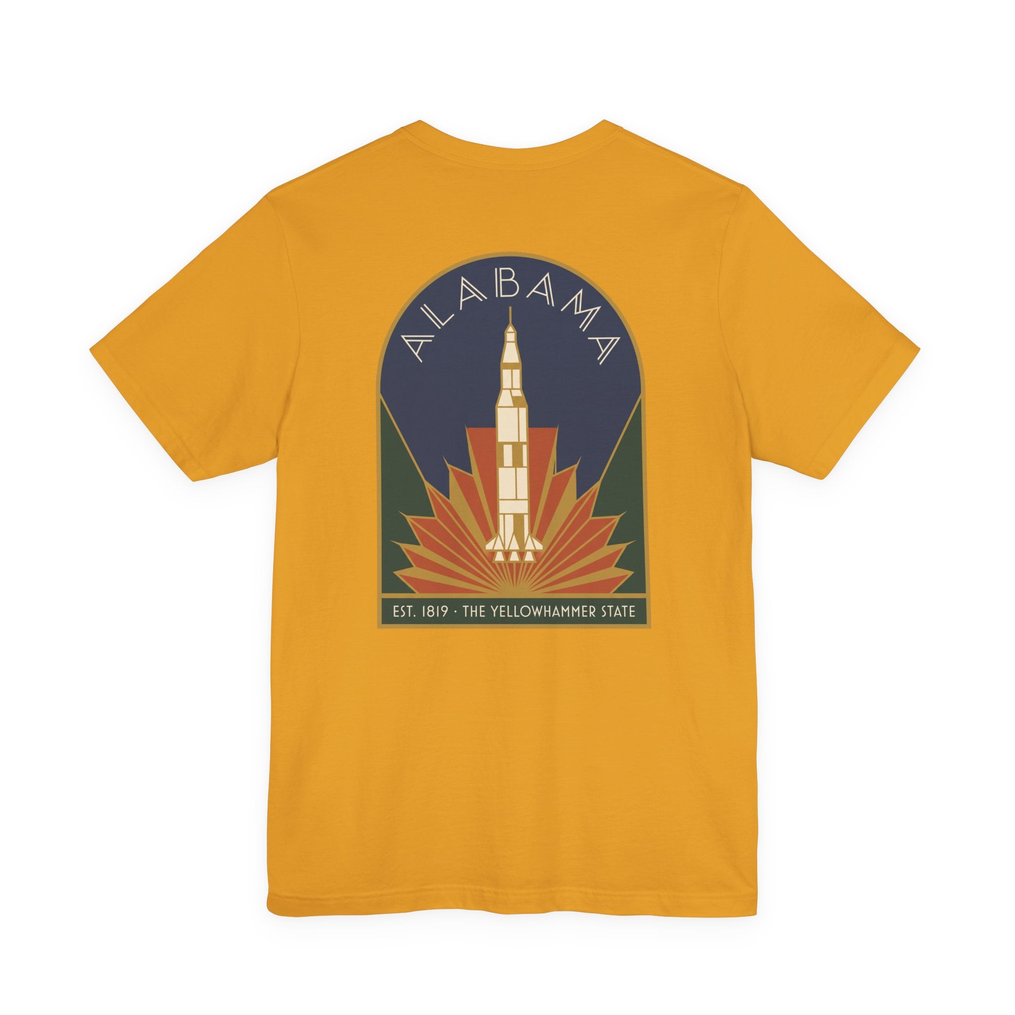 Mustard gold T-shirt with Alabama rocket emblem graphic centered on back
