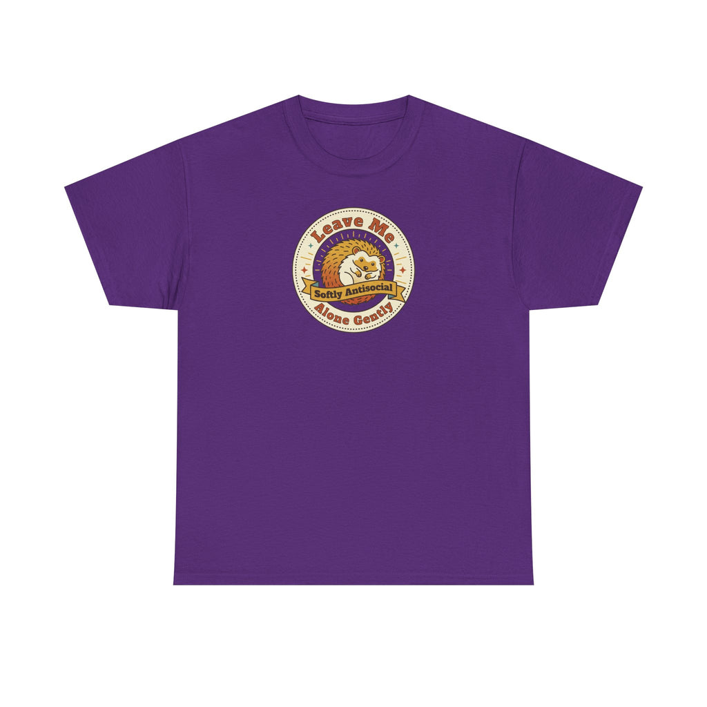 Purple T-shirt with circular graphic emblem at chest