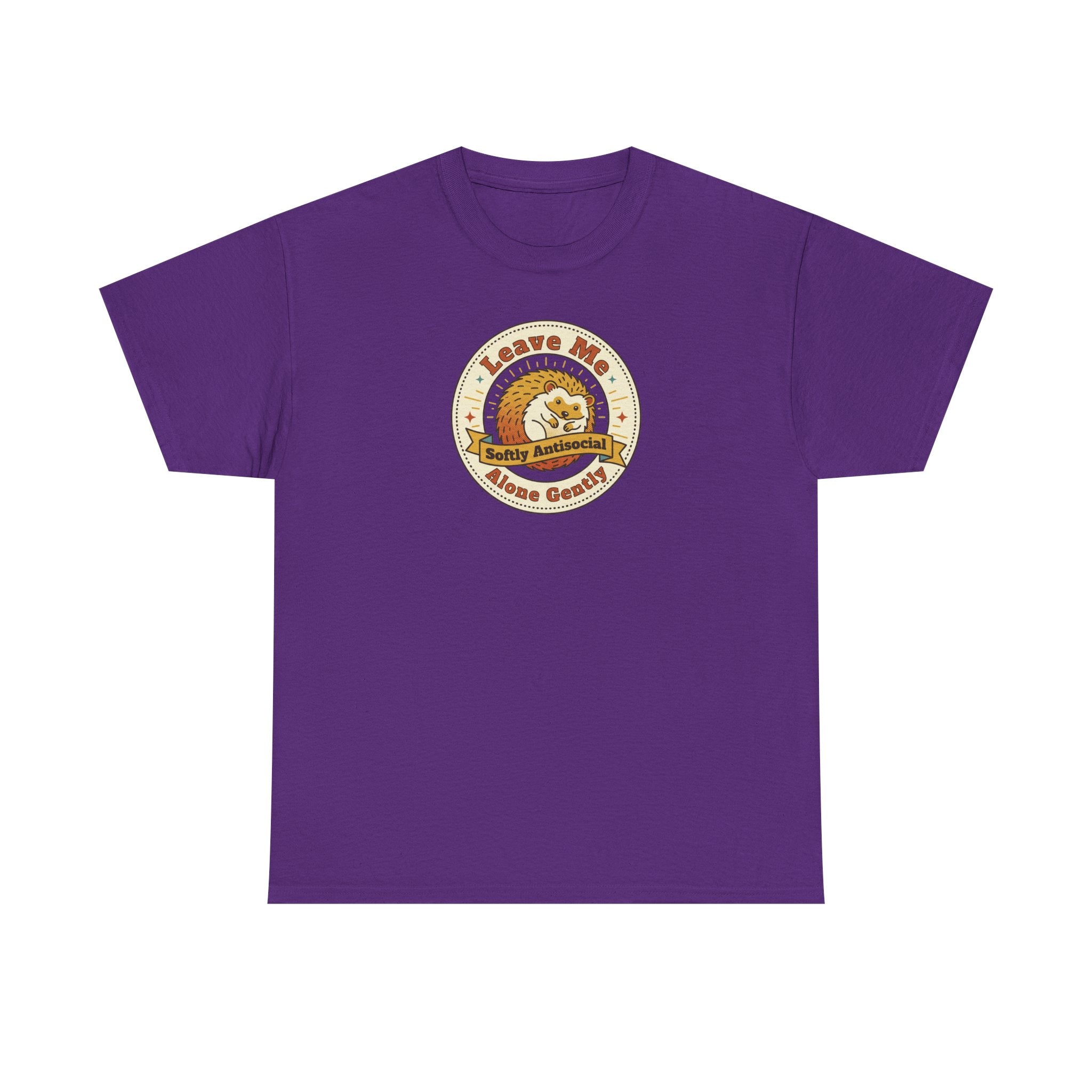 Purple T-shirt with circular graphic emblem at chest