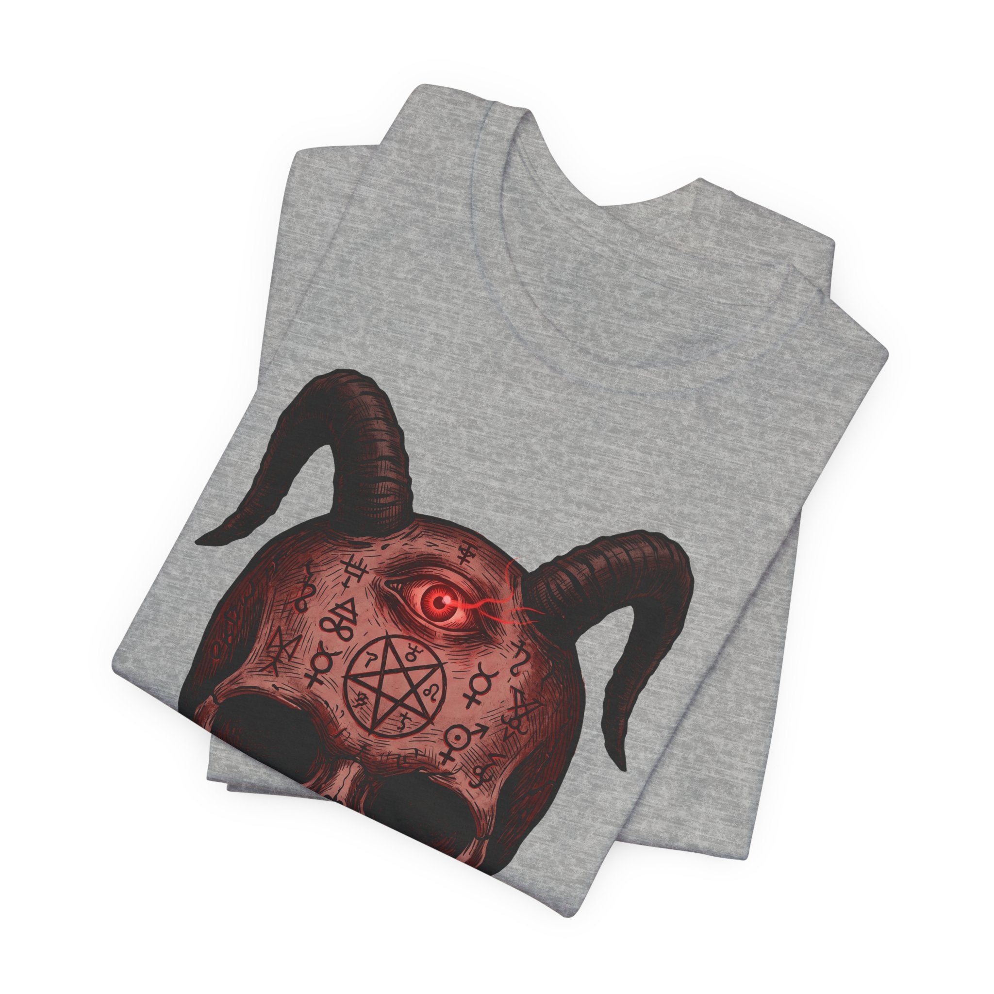 Heather gray unisex T-shirt with red demon skull graphic and glowing red eye