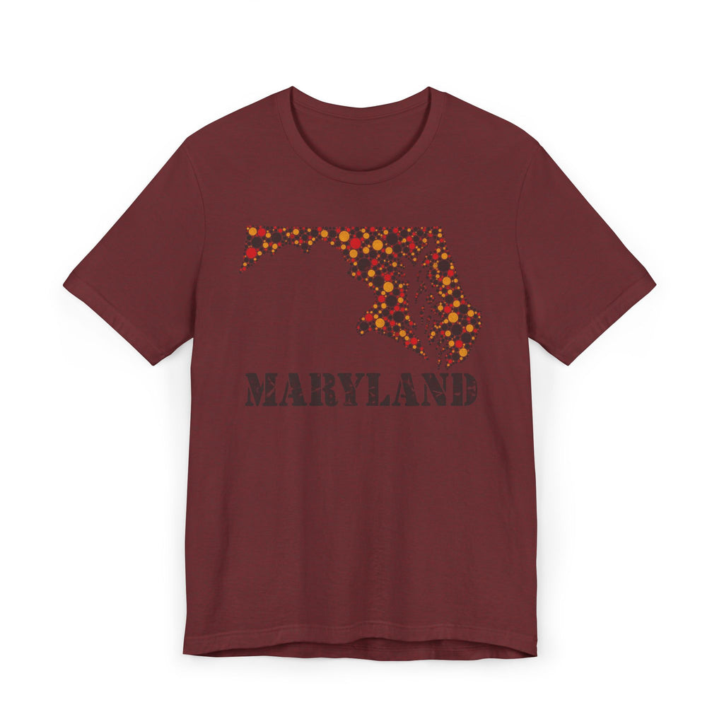 Dark maroon crew-neck T-shirt with floral Maryland map graphic and “Maryland” text print