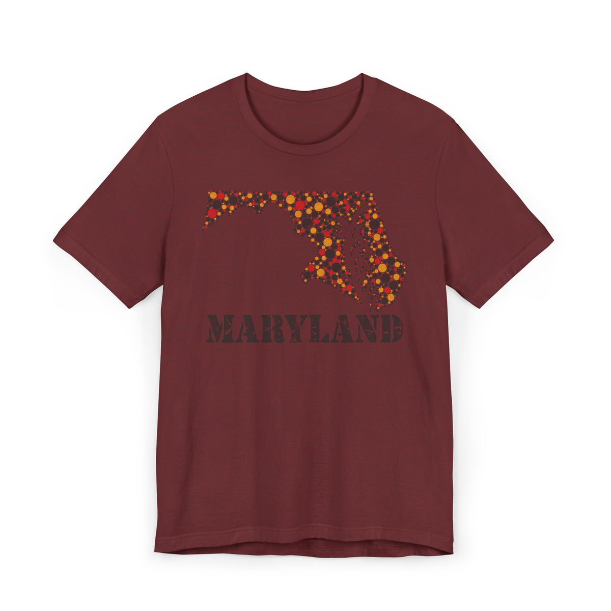 Dark maroon crew-neck T-shirt with floral Maryland map graphic and “Maryland” text print