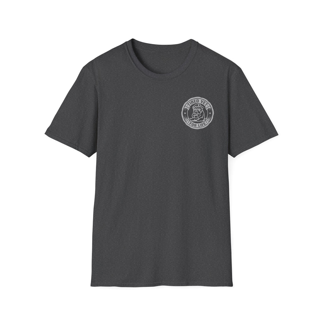 Dark gray unisex T-shirt with small circular chest emblem logo