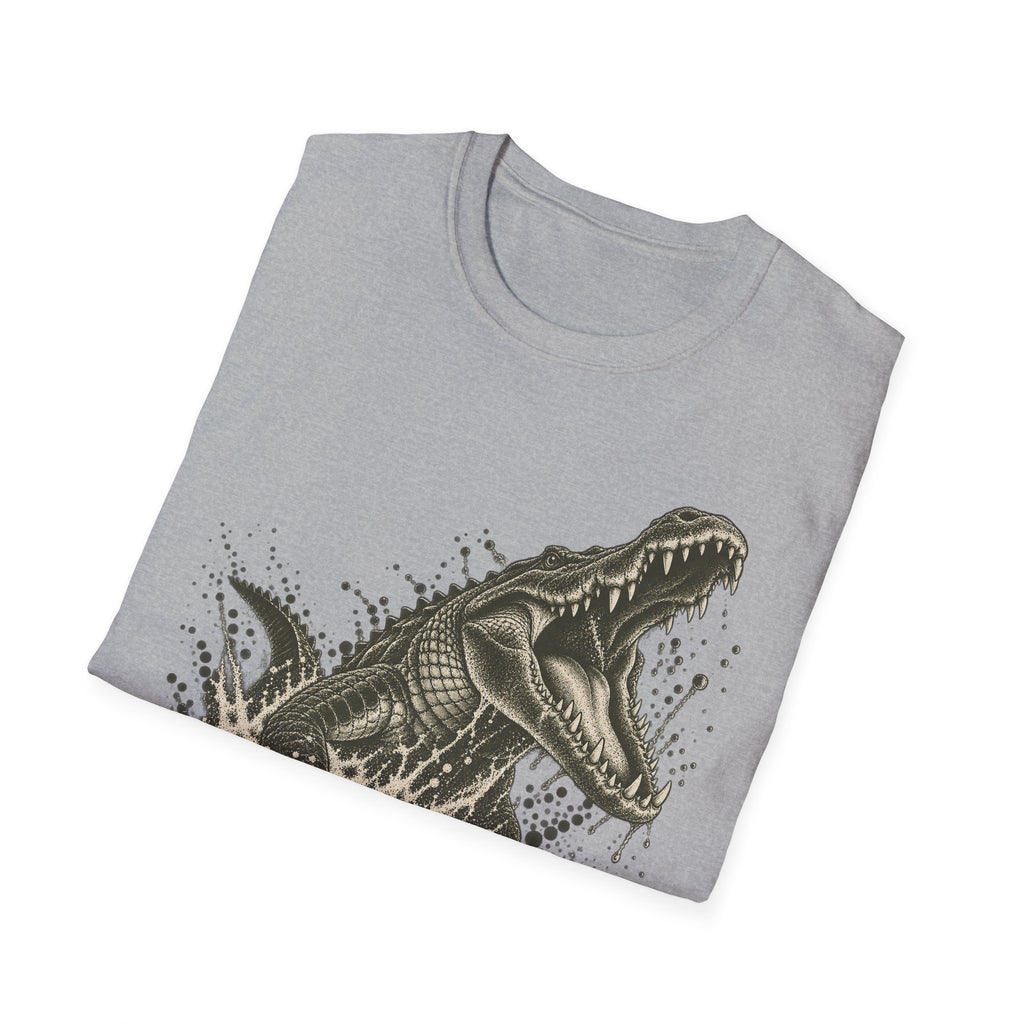 Heather gray crewneck T-shirt with lunging alligator graphic on front