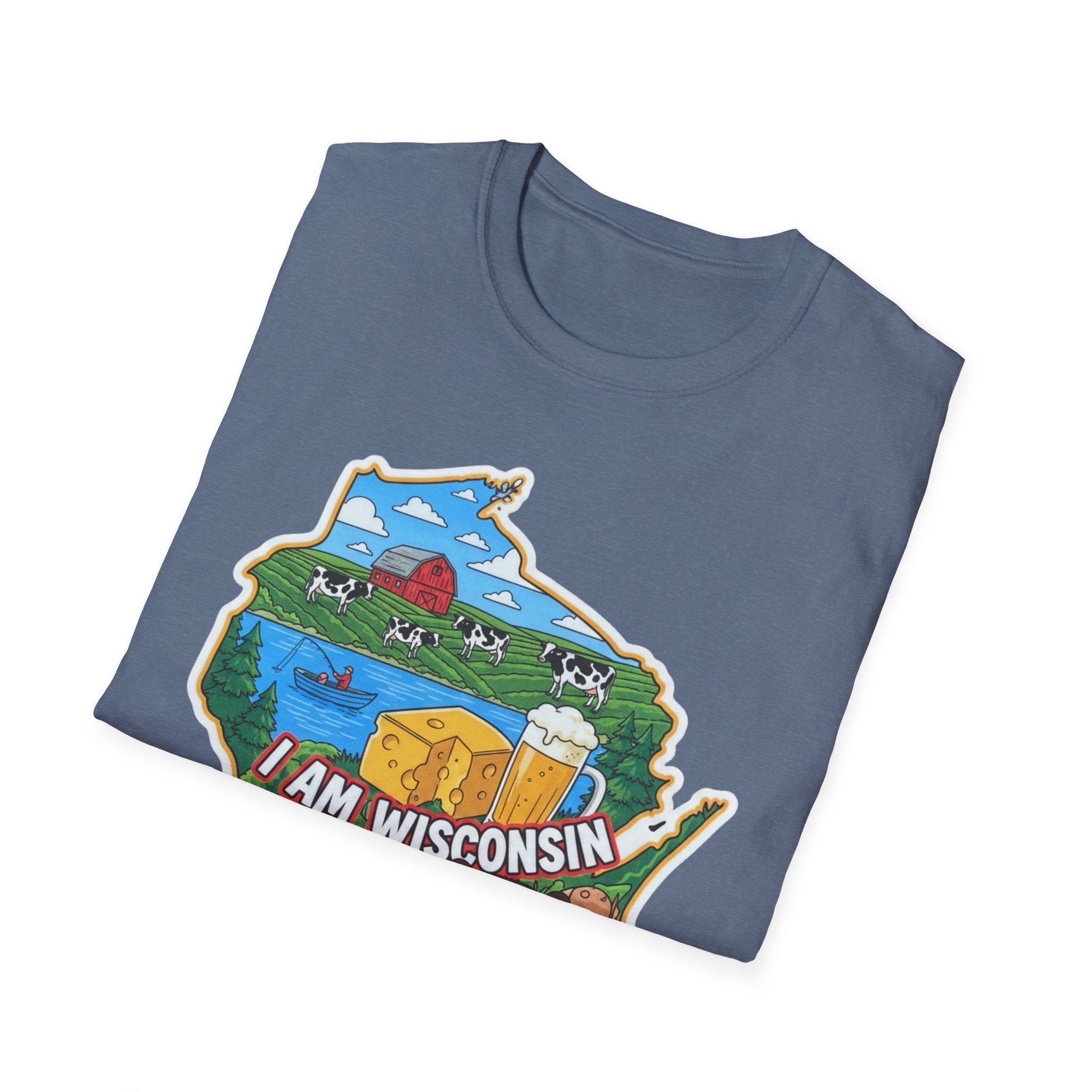 I AM Wisconsin T-Shirt, dunkelblau, Kartenaufdruck mit Text „I AM WISCONSIN“