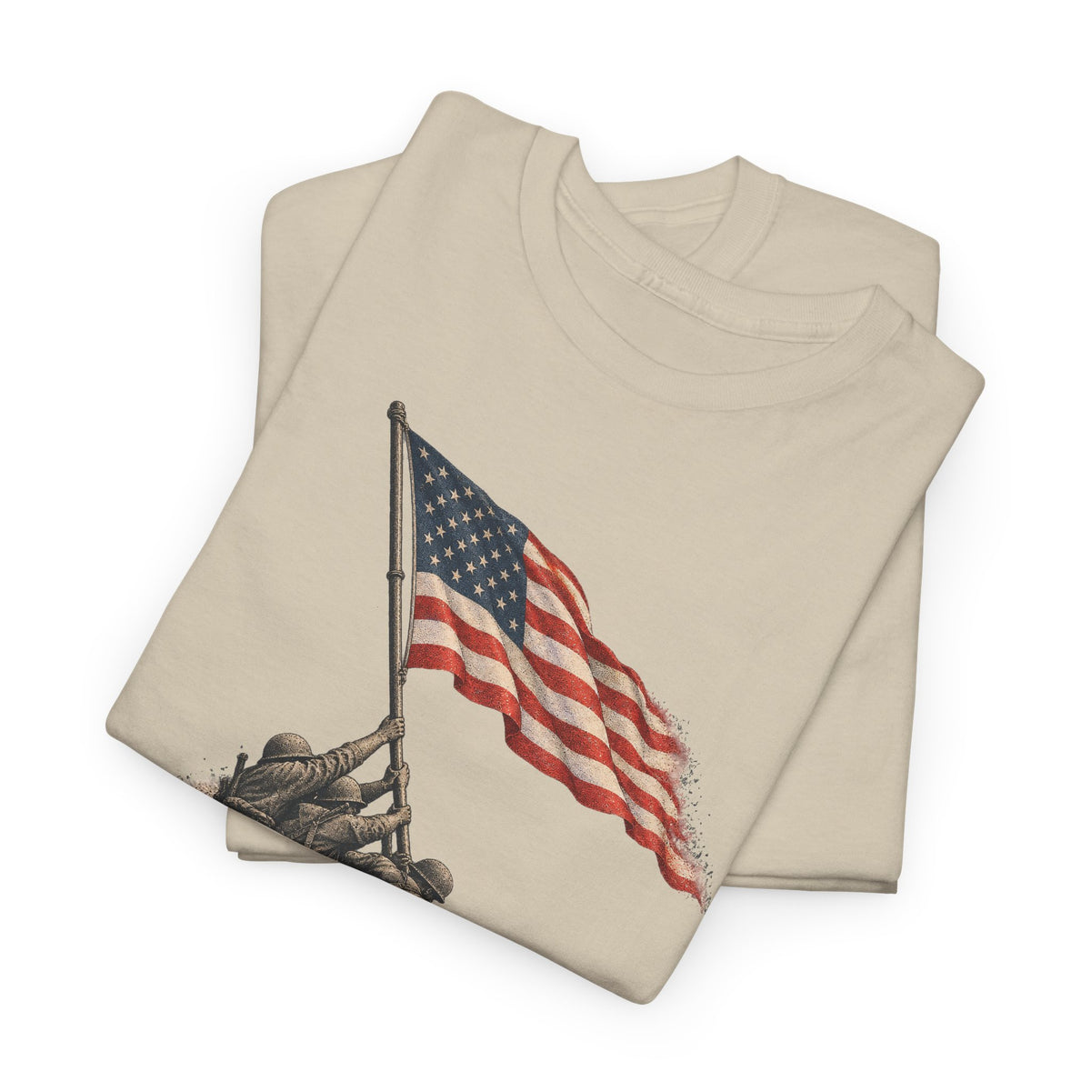 Beige crewneck T-shirt with flag-raising soldier graphic on the front