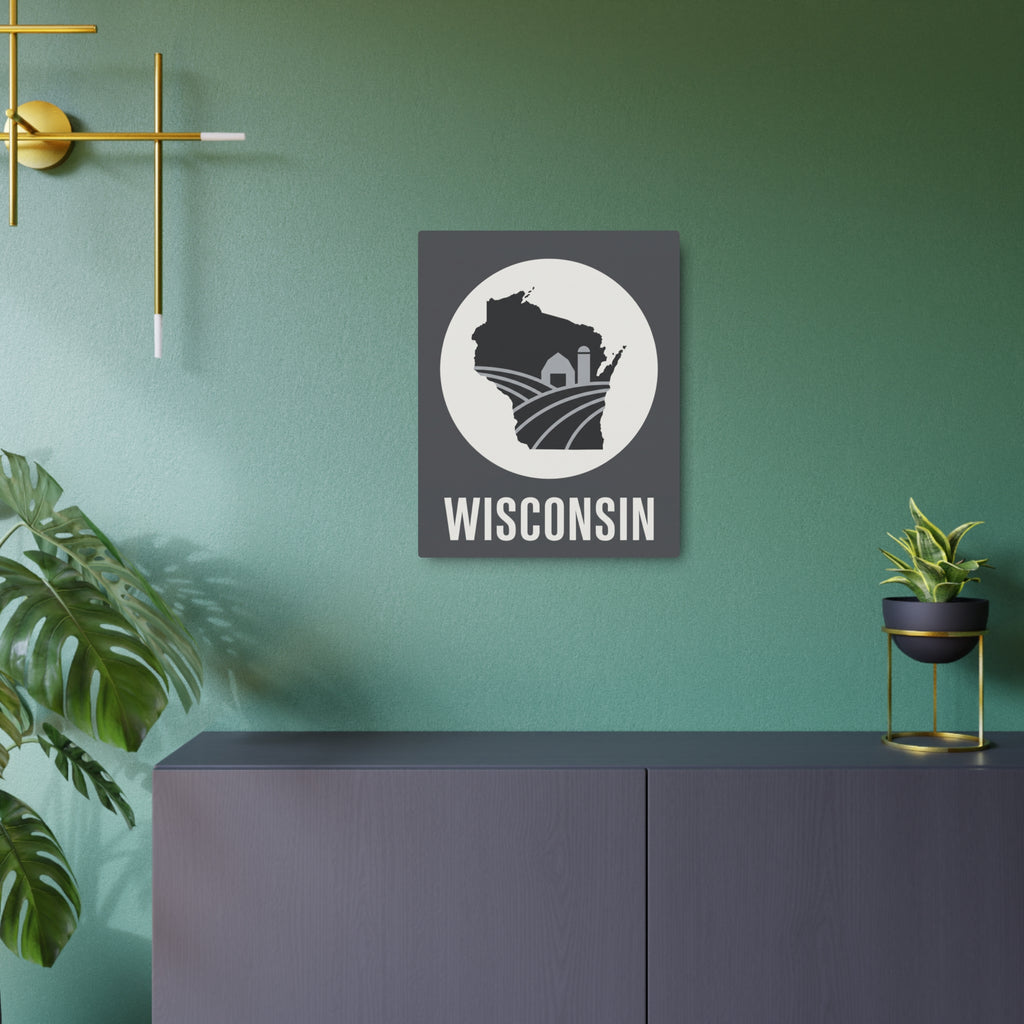 Square gray metal Wisconsin wall art featuring circular farm silhouette and “WISCONSIN” text