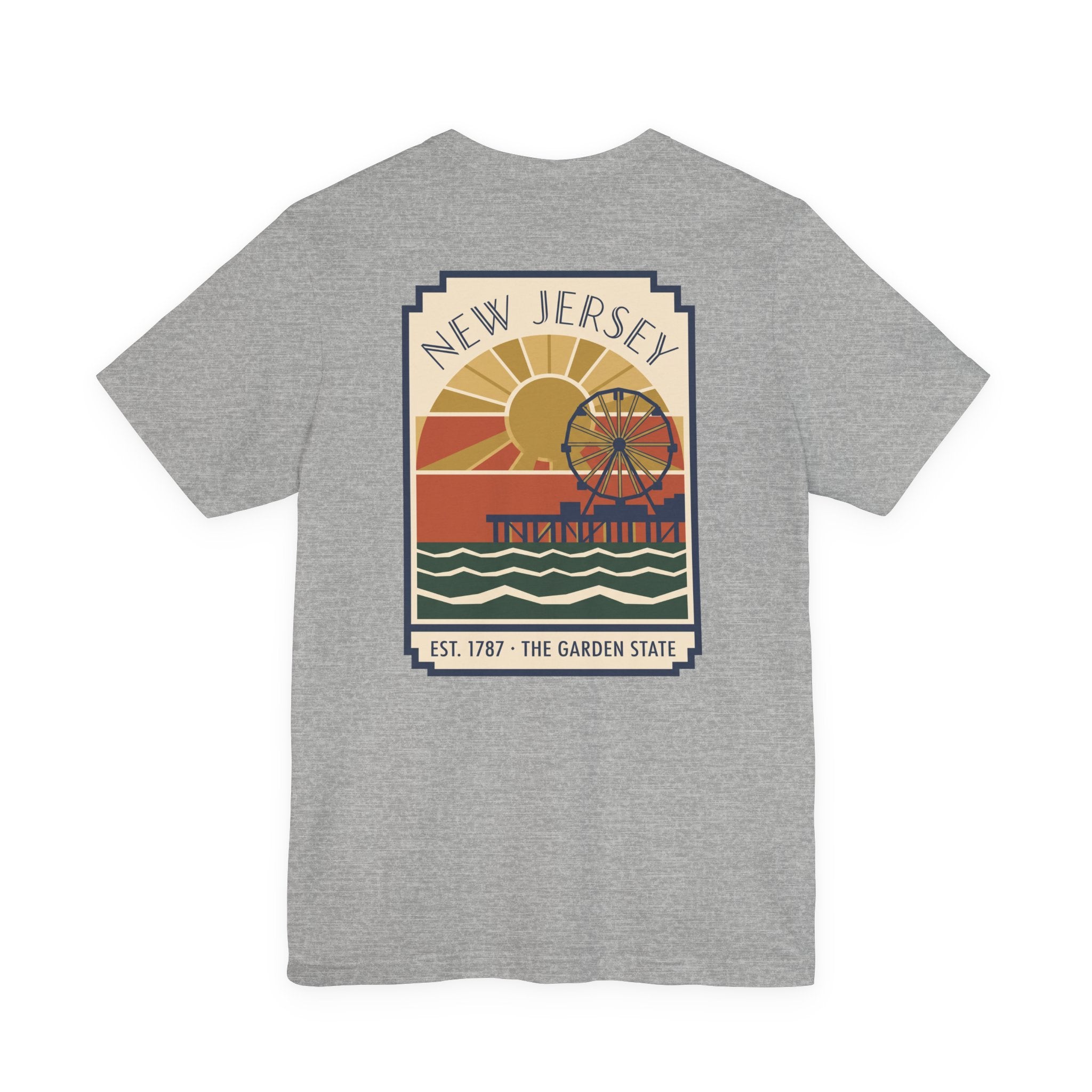 Heather gray T-shirt with centered New Jersey Pier vintage poster graphic