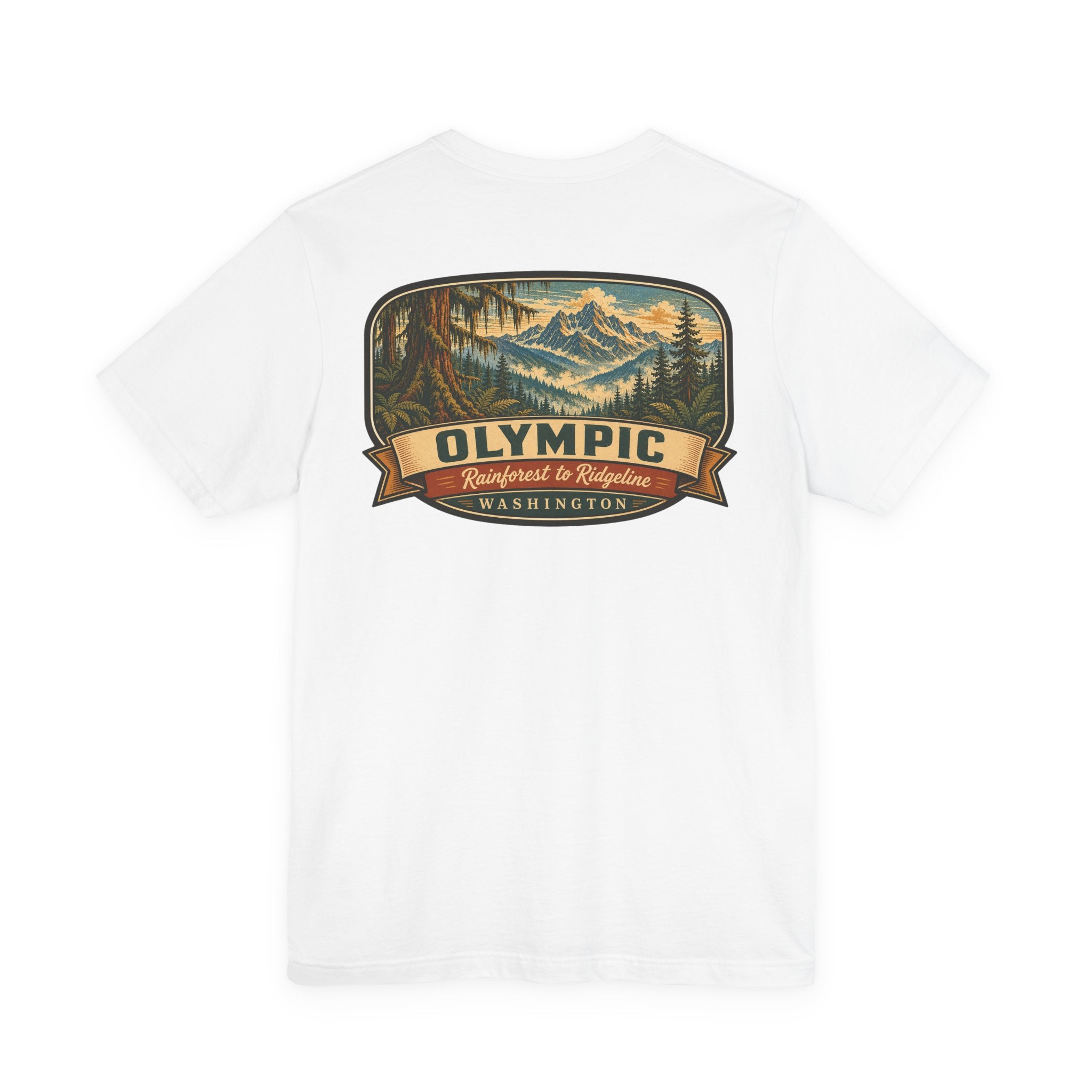 White graphic t-shirt with Olympic mountain-and-forest badge on the chest