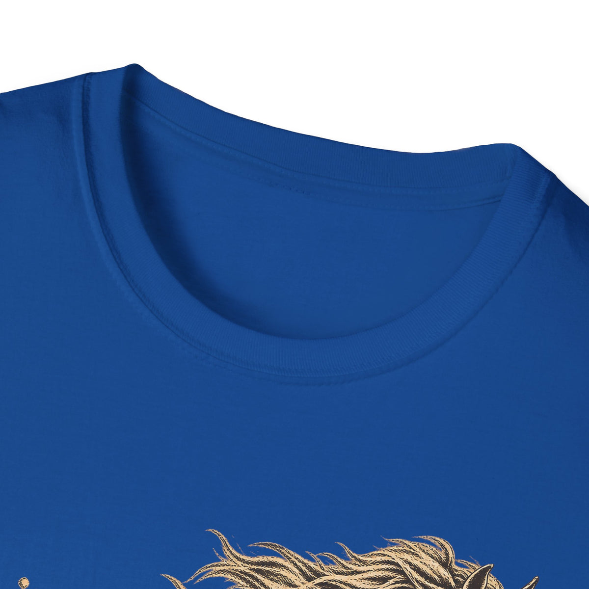 Royal blue crewneck T-shirt neckline, with partial running horse graphic near bottom