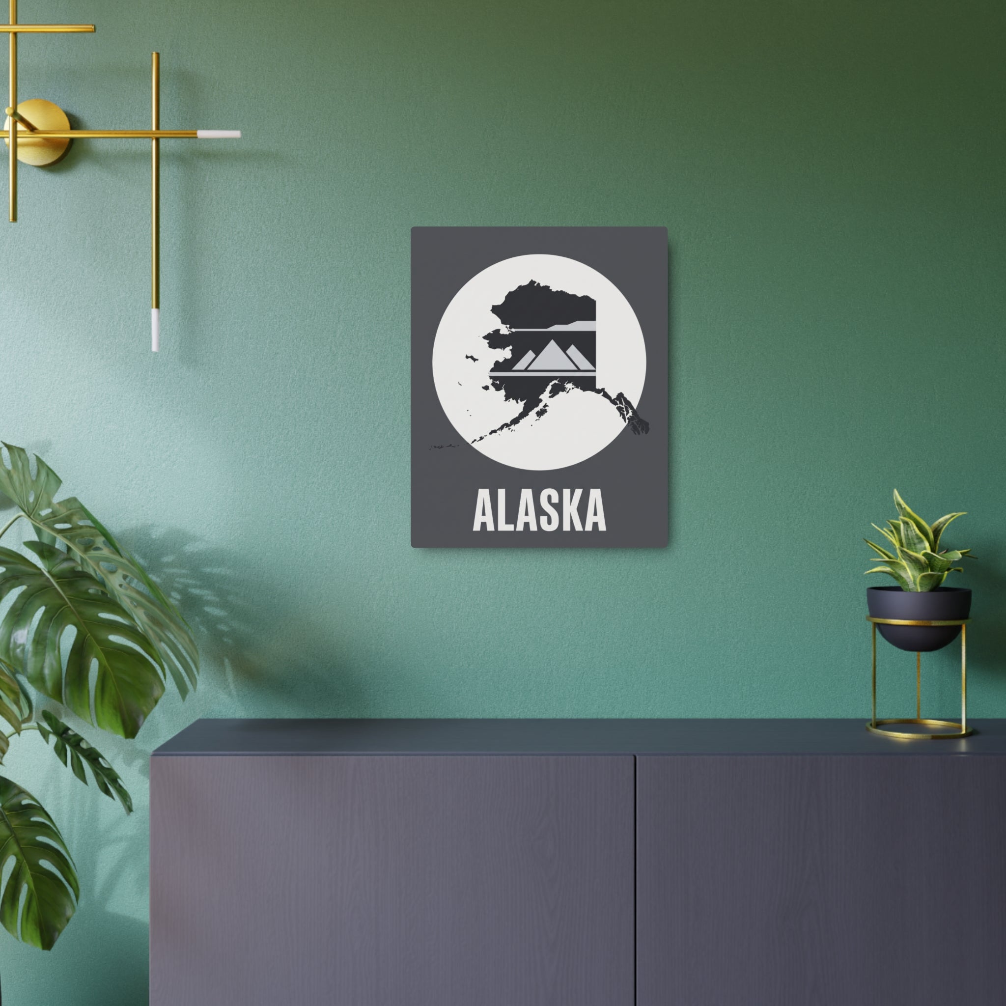 Alaska metal wall plaque sign with white circular landscape graphic and ALASKA lettering
