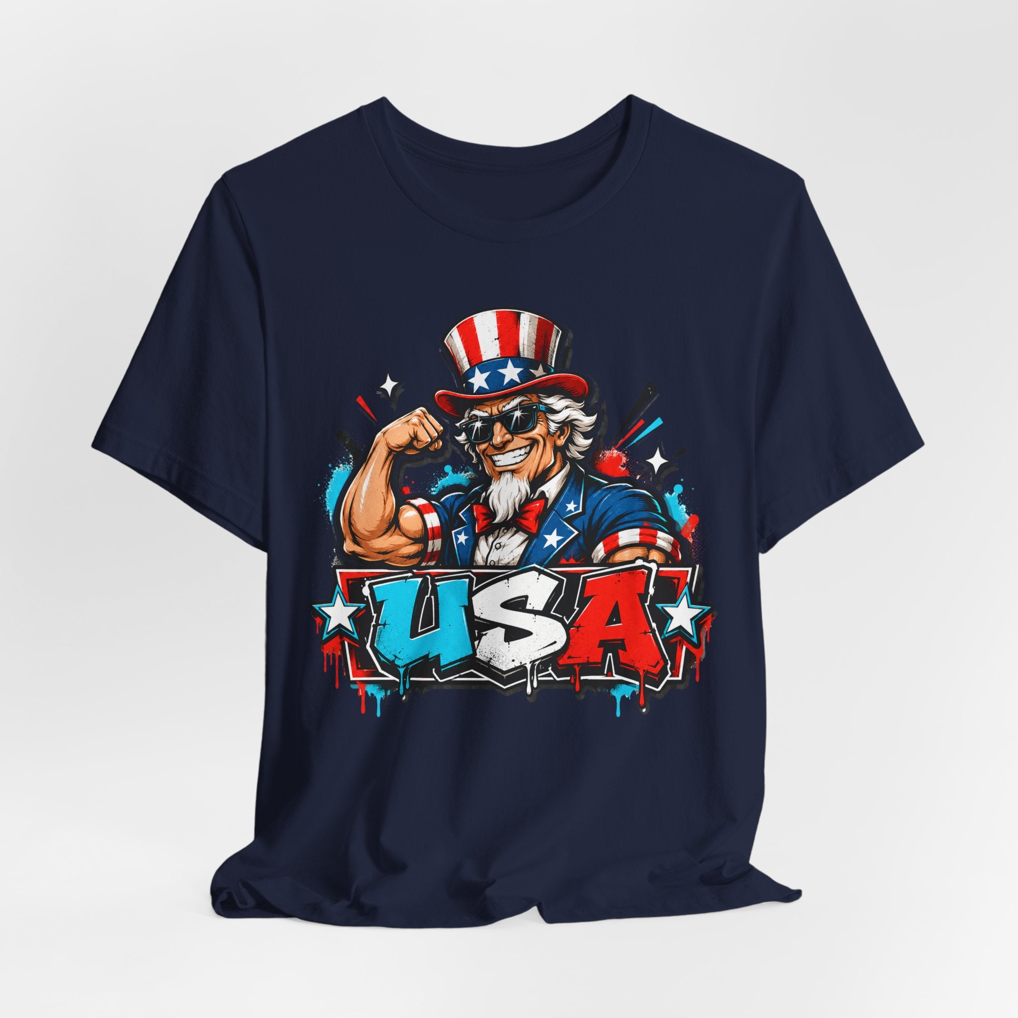 Navy muscle T-shirt with Uncle Sam USA graphic on front
