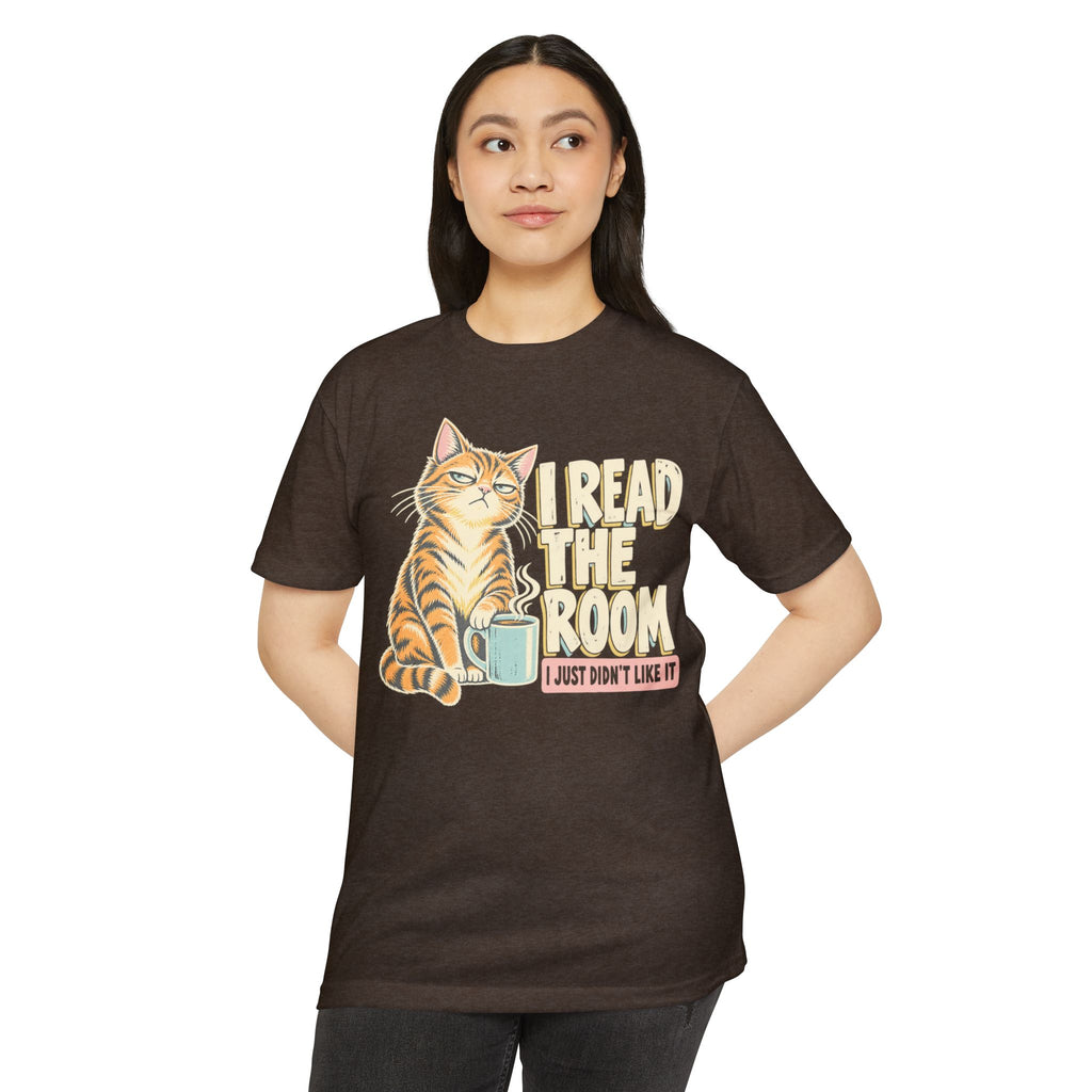 Dark brown graphic cat T-shirt with 'I Read the Room' text and coffee cup