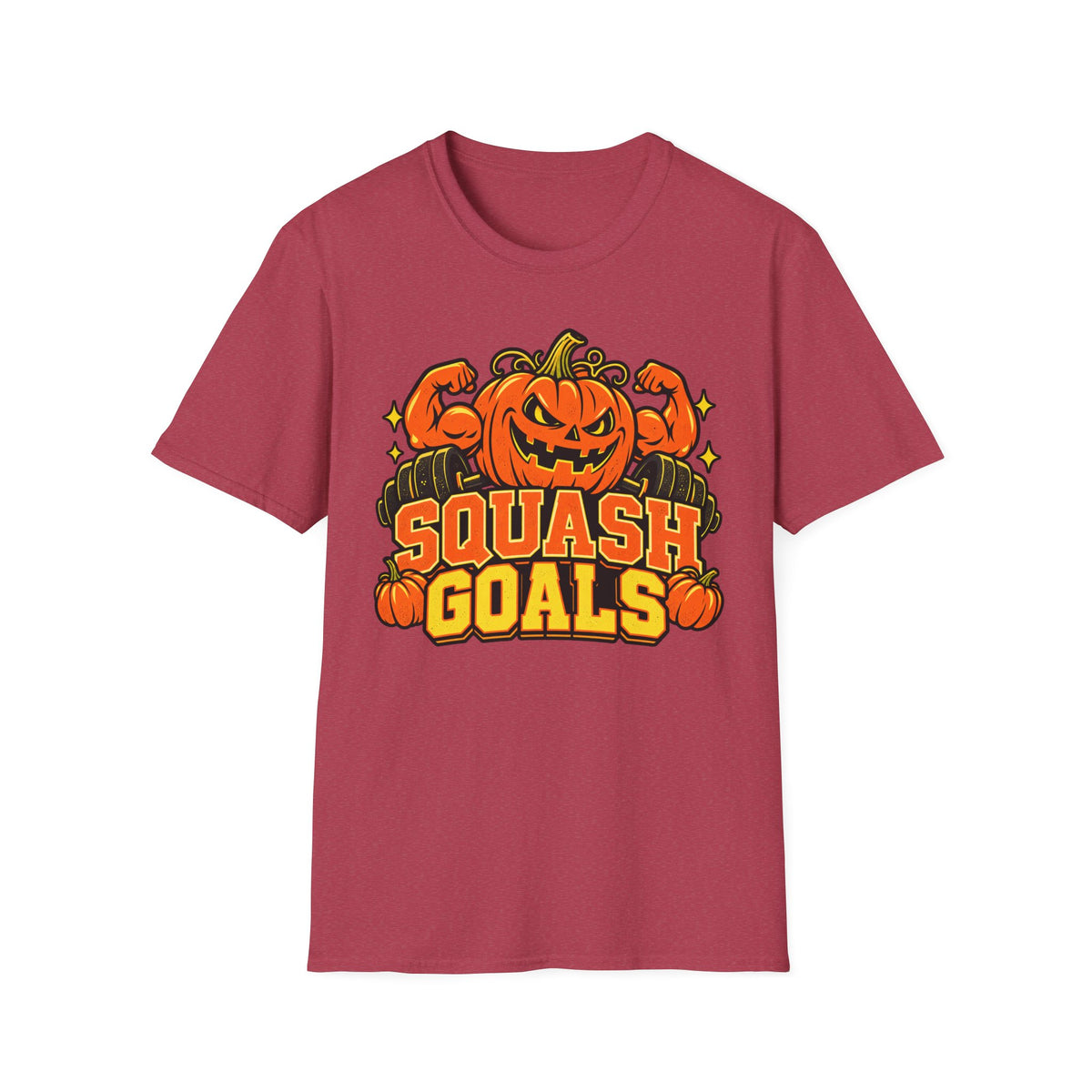 Maroon Halloween gym t-shirt with jack-o-lantern graphic and “SQUASH GOALS” text
