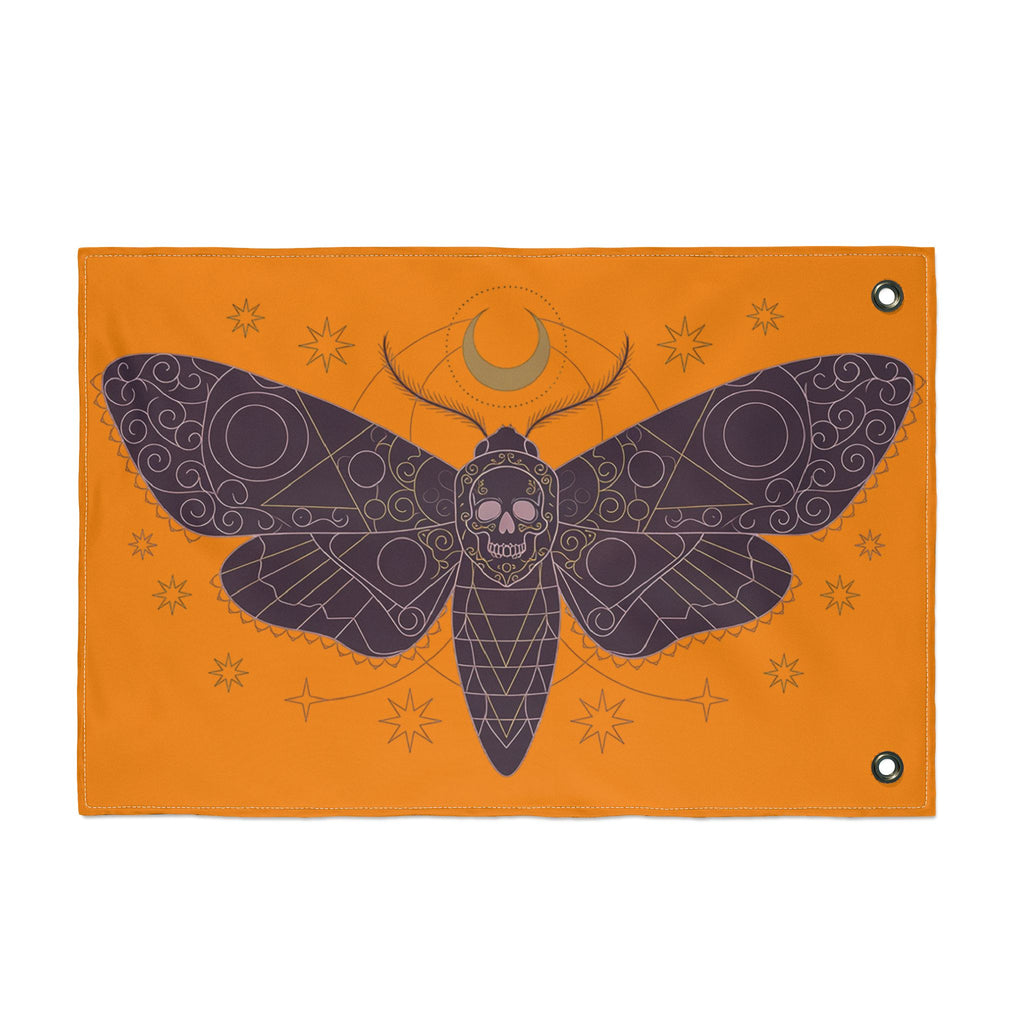 Orange moth skull banner with purple wings and skull emblem, horizontal with top grommets.