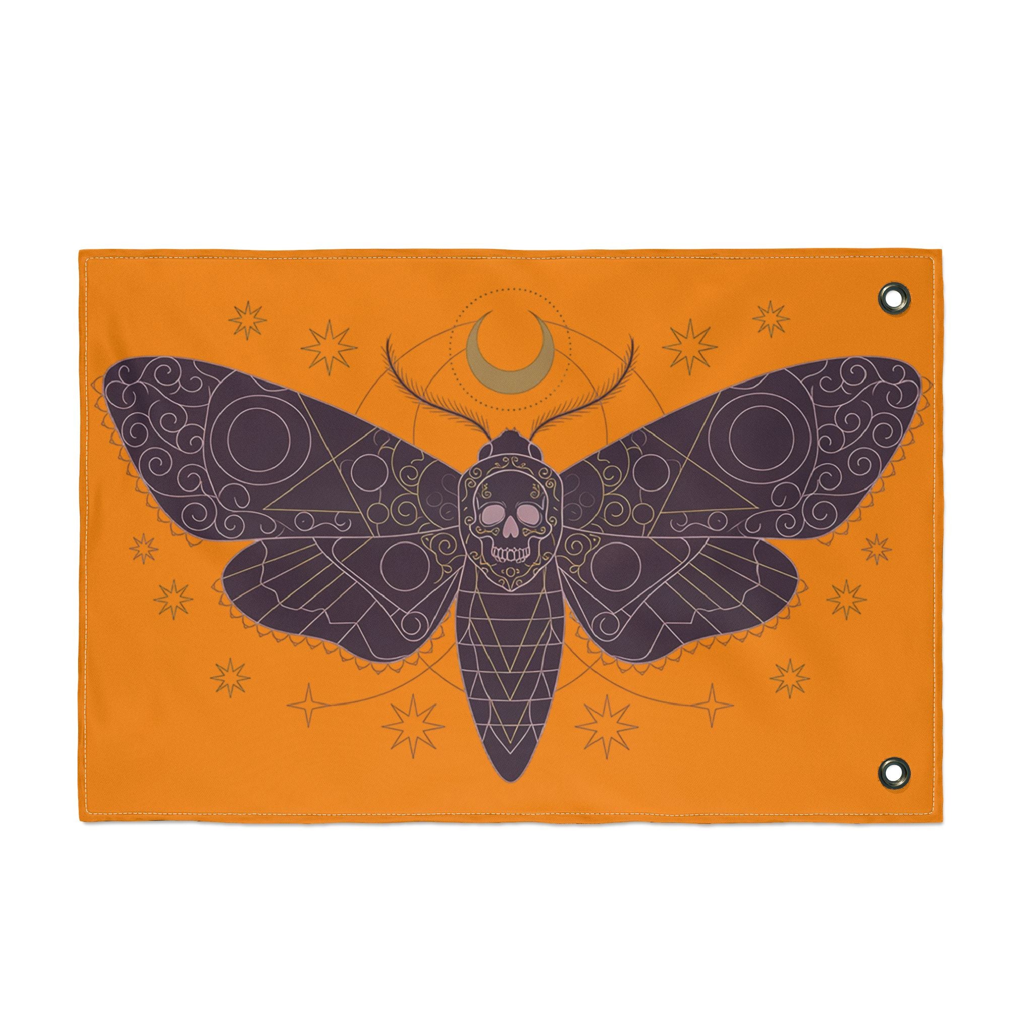 Orange moth skull banner with purple wings and skull emblem, horizontal with top grommets.